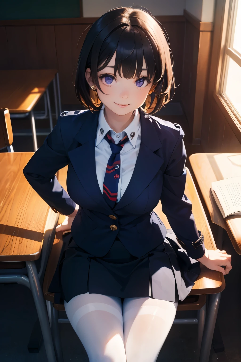 (masterpiece:1.2, top-quality), (realistic, photorealistic:1.4), beautiful illustration, (natural side lighting, movie lighting),
looking at viewer, (breast focus), (from above:1.1), close up, 1 woman, japanese, 22 years old, high school teacher, perfect face, cute and symmetrical face, shiny skin, babyface,
(short hair, straight hair, dark brown hair), blunt bangs, dark purple eyes, (middle breasts, seductive thighs, big ass), piercings,
beautiful hair, beautiful face, beautiful detailed eyes, beautiful clavicle, beautiful body, beautiful chest, beautiful thigh, beautiful legs, beautiful fingers,
(((navy jacket, close jacket, navy tight skirt), white collared shirt), black pantyhose, ribbon neck tie, ),
(beautiful scenery), evening, class room, blackboard, sitting school chair, standing, (lovely smile, upper eyes),