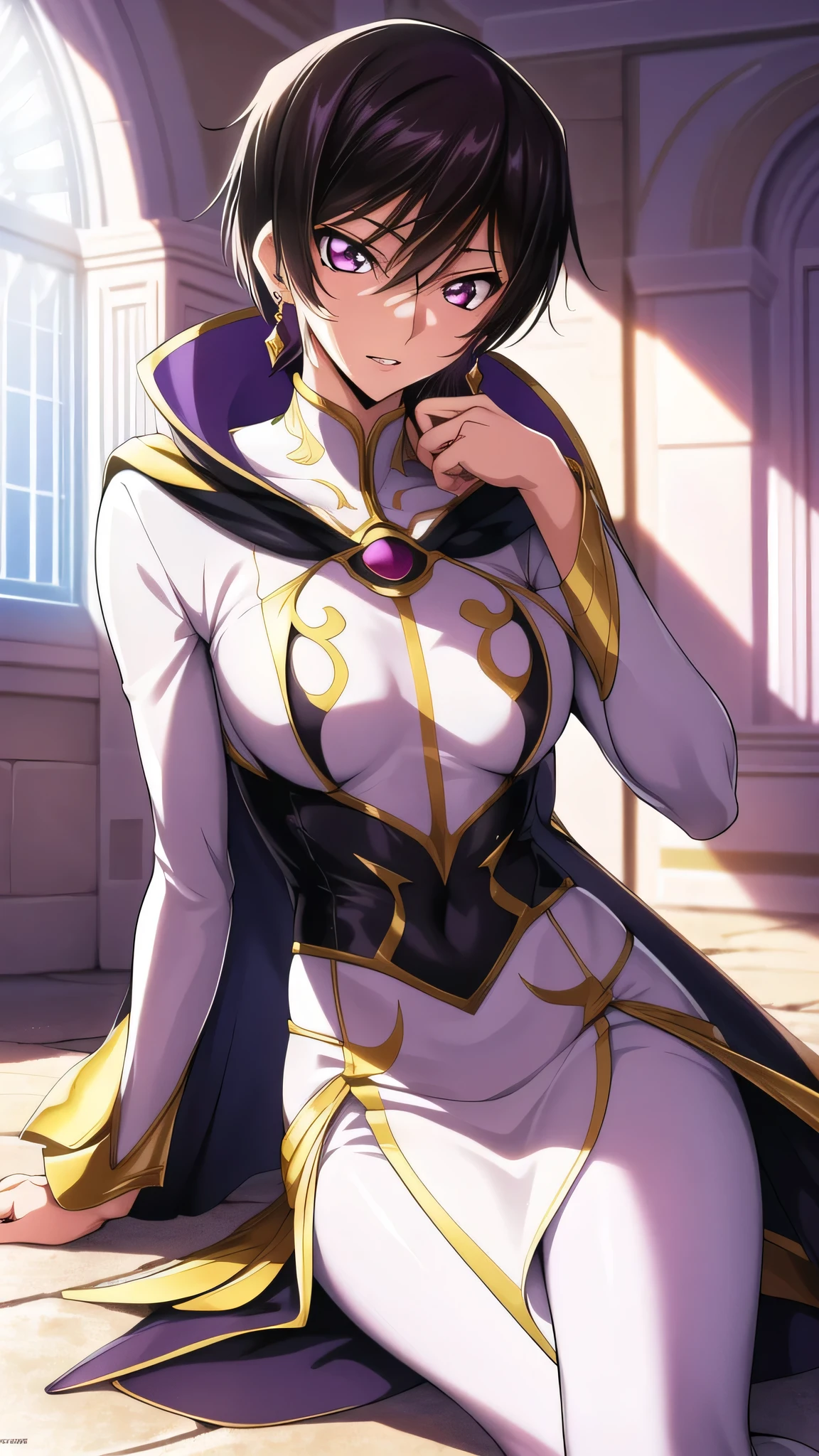 a flower filled room,a building in the background,stone_floor, stone_wall, tile_floor, tile_wall,brick, brick_floor, brick_wall,
sitting on a red couch,purple light shining,
black and yellow outfit,black cape,
lelouch_lamperouge,jewelry,gem,
black_hair,purple_eyes,earrings,short hair, purple light in their eyes ,
1 man, 20yo,male,Beautiful FingerBeautiful body,Beautiful Nose,Beautiful character design, perfect eyes, perfect face,
looking at viewer,angry, 
NSFW,official art,extremely detailed CG unity 8k wallpaper, perfect lighting,Colorful, Bright_Front_face_Lighting,
(masterpiece:1.0),(best_quality:1.0), ultra high res,4K,ultra-detailed,
photography, 8K, HDR, highres, absurdres:1.2, Kodak portra 400, film grain, blurry background, bokeh:1.2, lens flare, (vibrant_color:1.2)