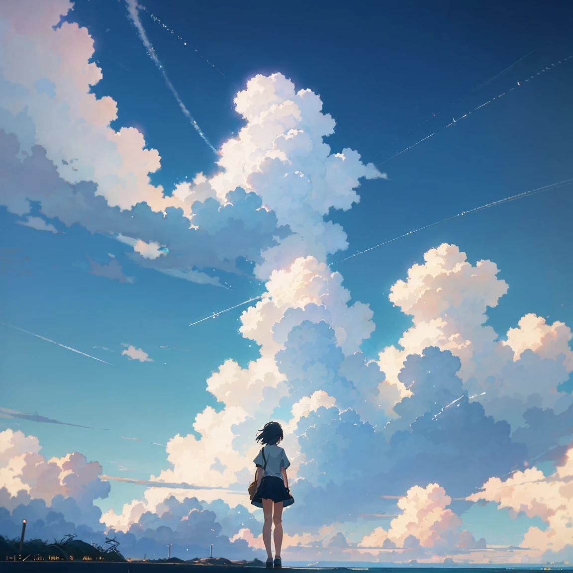 summer, makoto shinkai'Concept Art, tumbler, Magic realism, Beautiful anime scene, Beautiful sky. by makoto shinkai, ( ( makoto shinkai ) ), Anime Background Art, Anime Background, makoto shinkai'style, Anime movie background, Galaxy Express, No humans. --v6