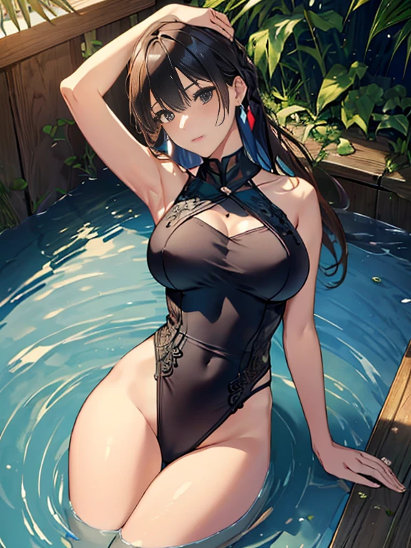 from above,overhead shot,onsen,(lying),(on back),1girl,(ultra detailed skin),curvy,,beautiful breasts,(large breasts),pale skin,pointy breasts,erect nipples,(fantasy art,Highest image quality,Hyperrealist portrait,(8k),ultra-realistic,best quality, high quality, high definition, high quality texture,high detail,beautiful detailed,fine detailed,extremely detailed cg,detailed texture,a realistic representation of the face,masterpiece,Sense of presence,Dynamic,bold),short hair,(ultra thin hair),(ultra soft hair),(ultra straight hair:1.5),Swept long bangs,extra light coppery amber hair,hair over one eye,clothed,baggy t-shirt,swimsuit 