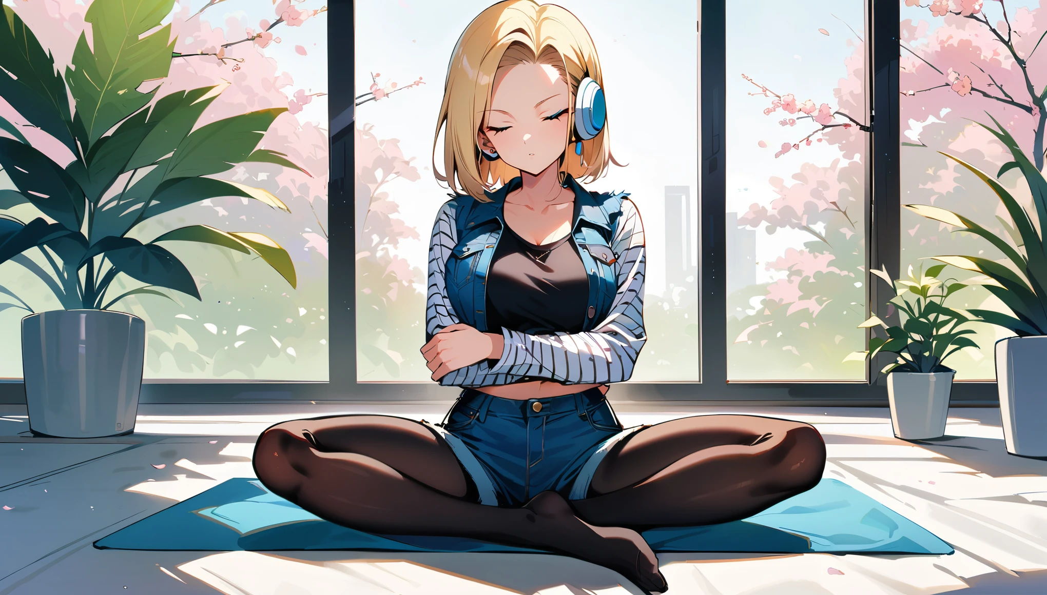 (masterpiece, best quality:1.2), full body shot , 1girl, solo, Android 18 from Dragon Ball, slender feminine figure with slim toned legs, a narrow waistline accentuating her curves, white headphones, short blonde hair, blue eyes, earrings, jewelry, denim vest, black pantyhose, black fitted and cropped camisole hugging her waist, denim shorts, striped long sleeves, seated on a yoga mat, in the padmasana (lotus position) with legs crossed and feet placed on opposite thighs, straight upright posture, hands resting on knees in a mudra hand position, eyes closed in meditation, face serene and relaxed, white potted plant in the background, an additional small white potted plant in the foreground, chic and pristine futuristic white room with sleek lines and minimalist decor, no clutter, large window with cherry blossoms blooming outside visible behind her, 4K