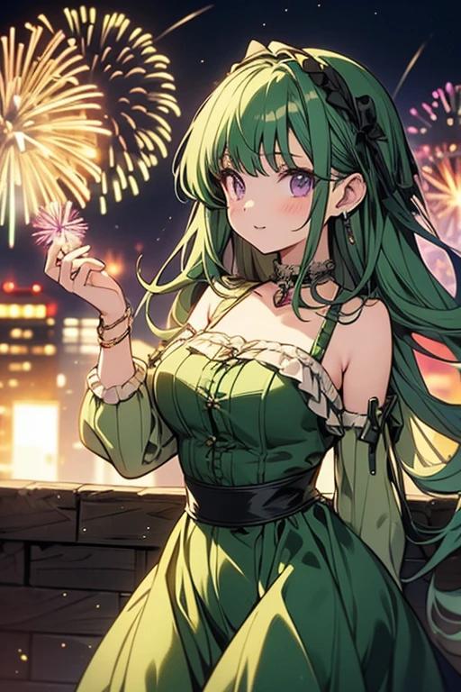 A green haired girl with purple eyes and an hourglass figure in a green Lolita dress is watching fireworks on a rooftop