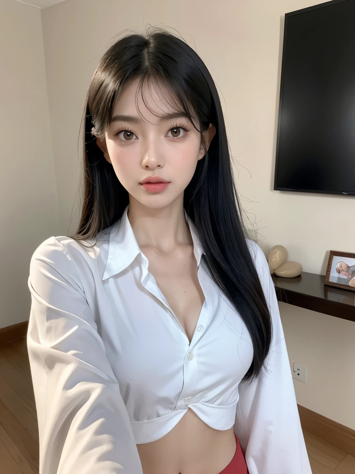 ((top-quality、8k、​masterpiece:1.3))、foco nítido:1.2、Beautiful woman with perfect body shape:1.4、Slender abs:1.2、((A dark-haired、huge-breasted:1.3))、(wearing a white button up shirt、Jean:1.1)、Urban area:1.2、Highly detailed facial and skin texture、A detailed eye、二重まぶた