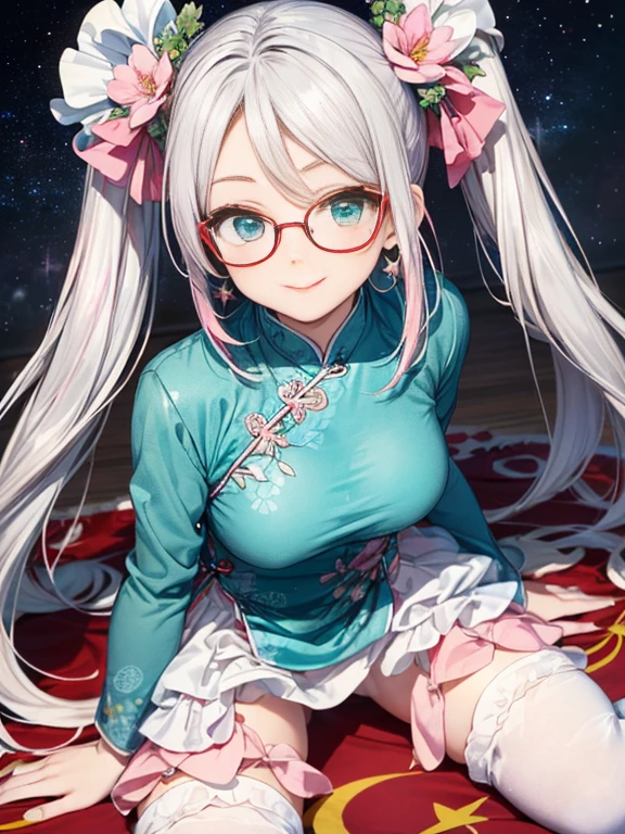 小さなgirl、Small breasts、The arrival of spring、Thick thighs、 (alone:1.5,)Very detailed,Bright colors, Very beautiful detailed anime faces and eyes, Look straight ahead, ;d, Shiny_skin,girl, ((Silver long hair,The inner color is red 、Forehead is exposed.、Green Eyes、Glasses、Shiny hair, Delicate beautiful face, blush、(Turquoise Eyes), White skin, Valletta, Earrings,、blue flower field、(((Star pattern pink、Long China Clothing、White bloomers)))、Twin tails、smile、smile、Face dyed red