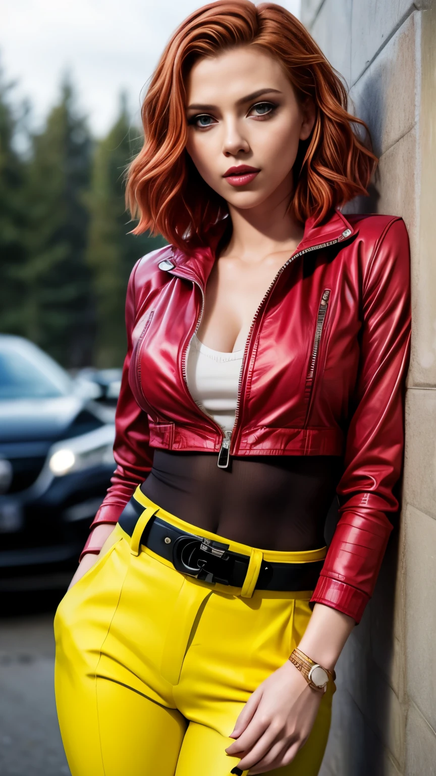 Scarlett Johansson, smiling, ((Very intense makeup)), ((bright lipstick)), short hair, red hair, yellow jacket, yellow belt, yellow pants, April