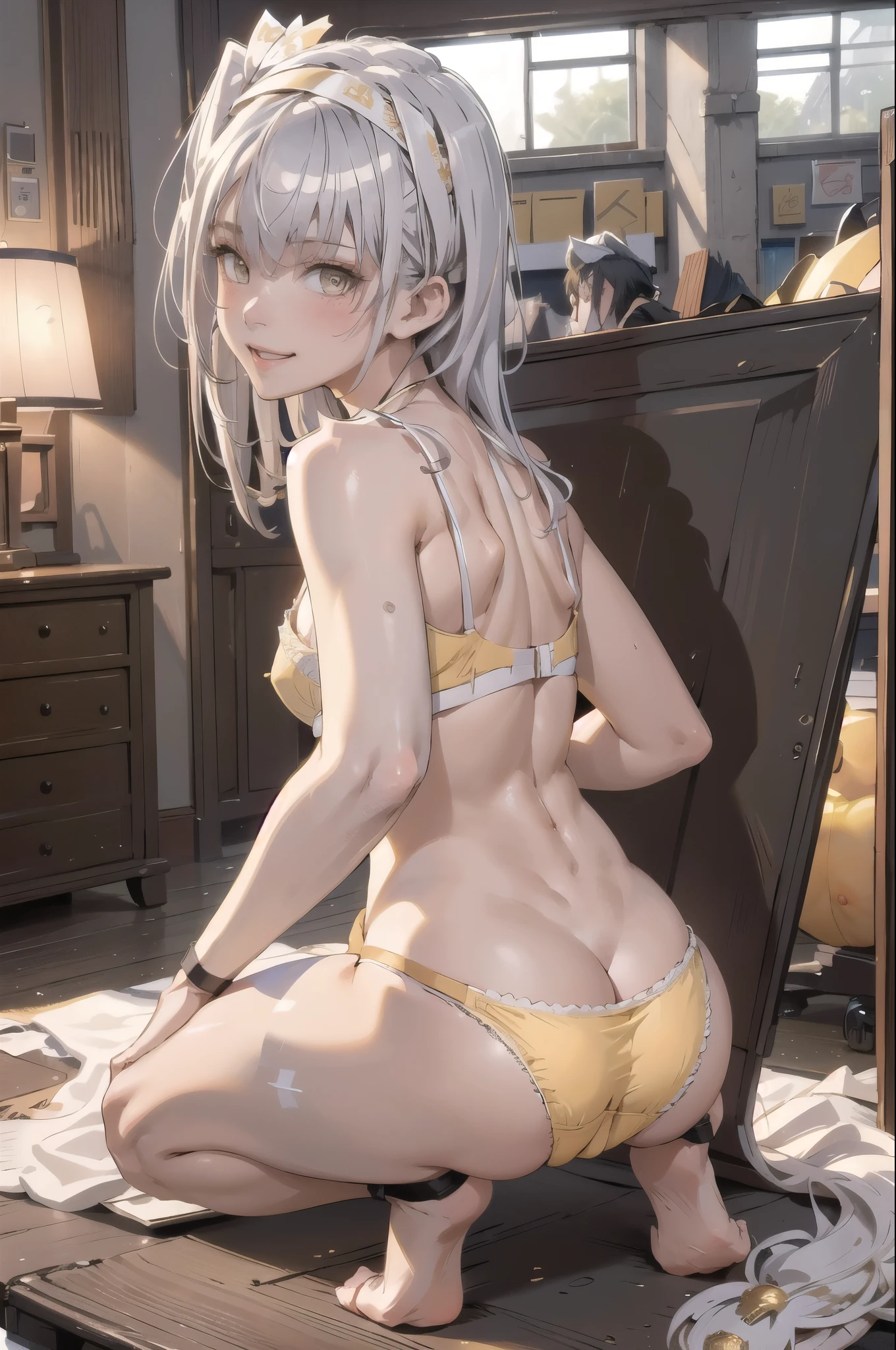 highest quality, masterpiece, High resolution, (Perfect Anatomy) ,1 person fuyutsukiKC, (fuyutsuki) ,((Silver Hair)),((nsfw)) White headband, Crop top,
smile,blush, (indoor, office, living room), 
((Full Body View)),(In underwear) ((Yellow panties)), ((Yellow bra)), Spread your legs, Squat, Butt