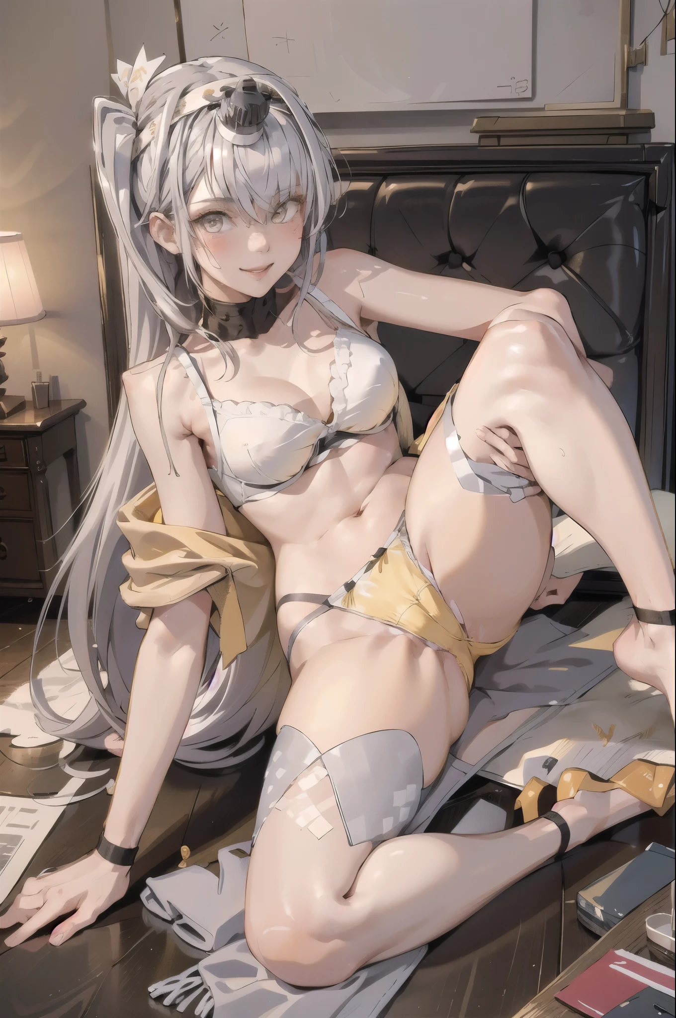 highest quality, masterpiece, High resolution, (Perfect Anatomy) ,1 person fuyutsukiKC, (fuyutsuki) ,((Silver Hair)),((nsfw)) White headband, Crop top,
smile,blush, (indoor, office, living room), 
((Full Body View)),(In underwear) ((Yellow panties)), ((Yellow bra)), Spread your legs, Squat, Butt