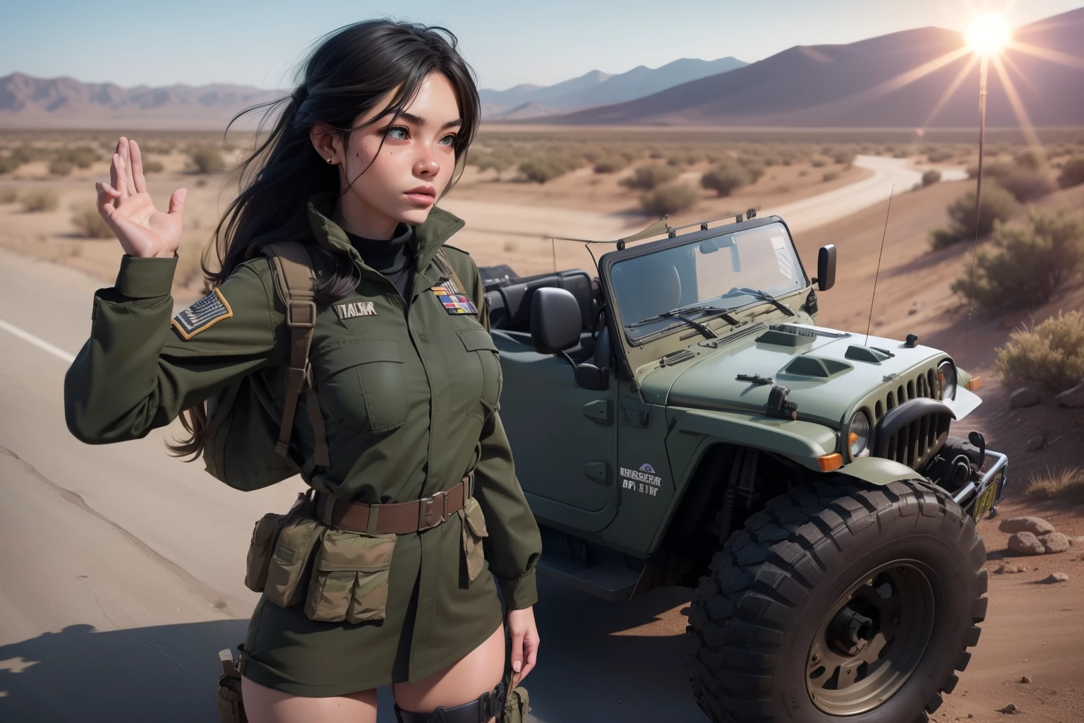 2 naked Forest skinny military girls solders with long legs, eyes same color, aroused face expression, skimpy military clothing, military boots, stockings, long nipples, hard nipples, pubic hair, hairy pussy, hairy pussy, masturbating, cum leaking from her aroused pussy, after sex, standing bowed forward, saluting to other female solder, dirty Jeep vehicle, urinating, people are showing penises, dusk, sun is low, shade.