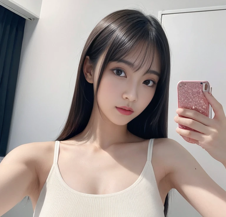debris flies、highest quality、super fine、Understood、High resolution、8k wallpaper、perfect dynamic composition、(((Full body Esbian)))、((from below))、20 year old cute girl、detailed beautiful face、delicate and cute eyes、fine-textured skin、My cheeks turned red、(straight black hair)、take a selfie with your mobile phone、room、white background、White Room、take a selfie with your mobile phone、small　bust、slender、Wearing a camisole