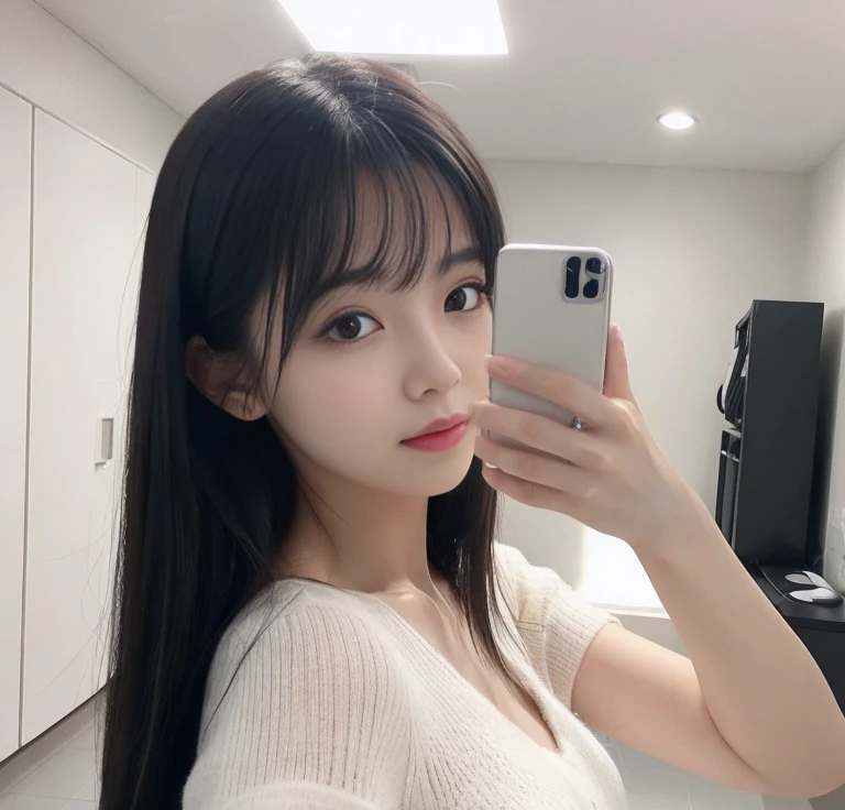 debris flies、highest quality、super fine、Understood、High resolution、8k wallpaper、perfect dynamic composition、(((Full body Esbian)))、((from below))、20 year old cute girl、detailed beautiful face、delicate and cute eyes、fine-textured skin、My cheeks turned red、(straight black hair)、take a selfie with your mobile phone、room、white background、White Room、take a selfie with your mobile phone、small bust、slender、Wearing a camisole