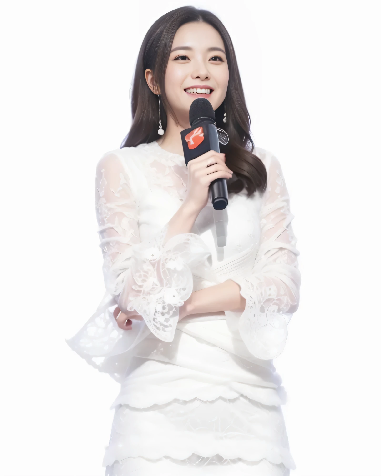 Araffe lady in white dress holding microphone and smiling, full body xianxia, li zixin, Sun Yunzhu, yun ling, Home, xintong chen, Lee Ji-eun, Lee Ji-eun, Sleek white skintight suit, lu ji, Korean Idol, fan bingbing, white lace clothing, lulu chen, Stopping distance - minutes