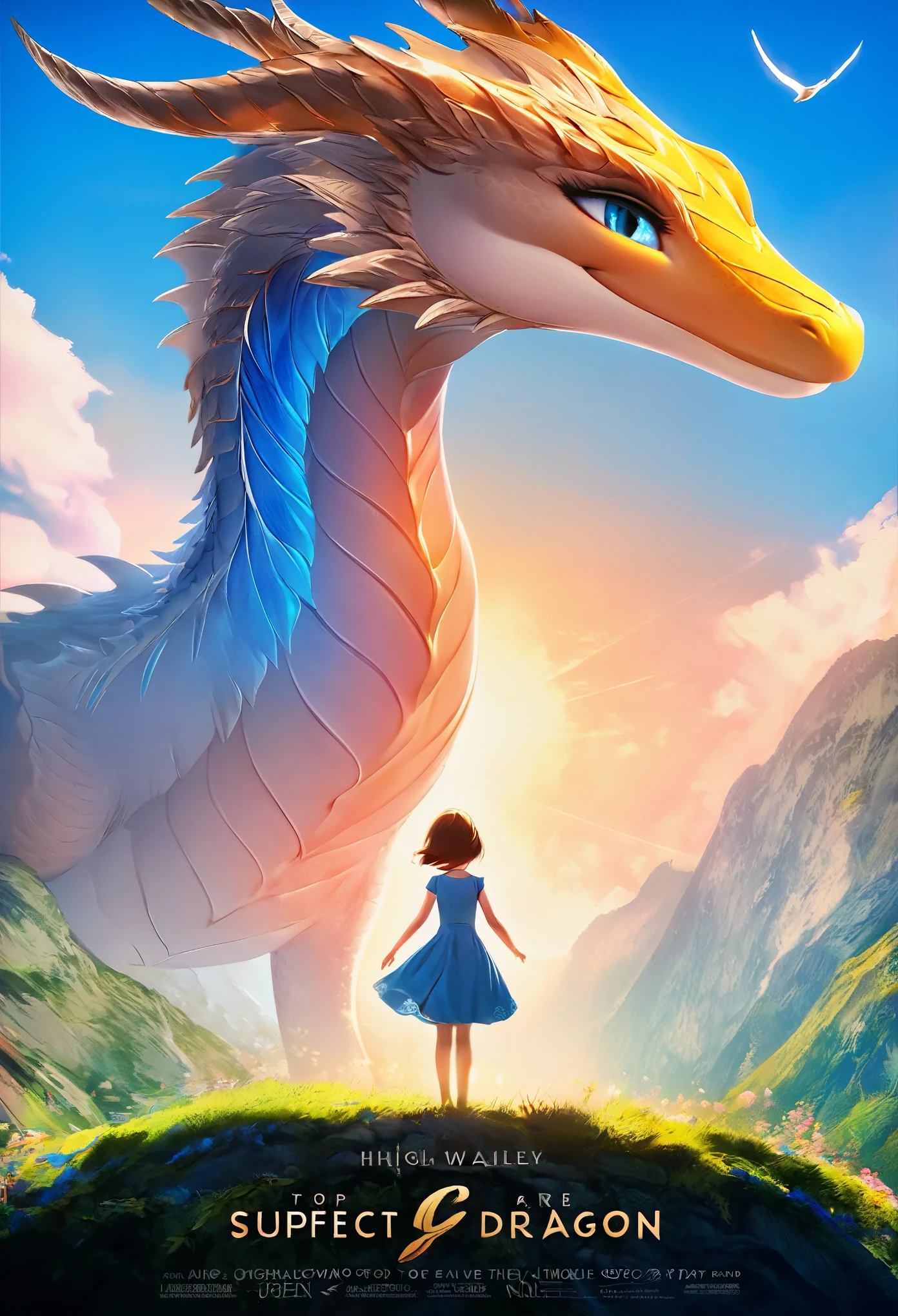 movie poster, highres, top quality, best quality, paid reward available, unparalleled masterpiece, perfect artwork, absurdres, High-quality illustrations, super high resolution, detailed background, perfect anatomy(1girl, large gragon)(animation, movie of a Dragon and human girl)blue sky, smile, smile, happy, joyful, cinematic lighting, title logo,