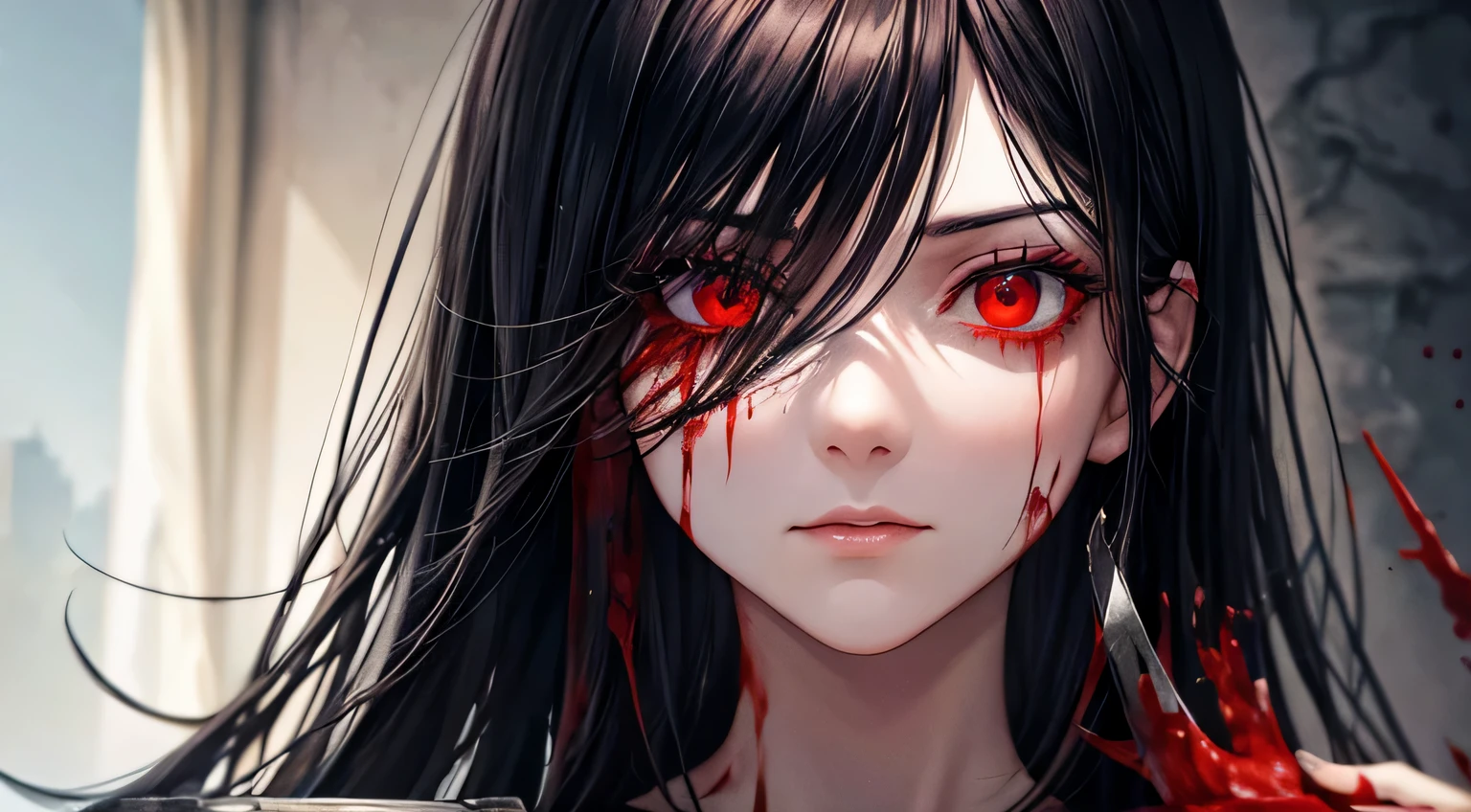 Woman with blood all over her body
Black hair
Long hair
Red eyes
Bloody clothes　
Hollow eyes　
Bloody knife in hand　
Ruins　
Detailed facial expressions　
Detailed description of clothing　
Detailed description of knife　
Detailed description of the room　
horror