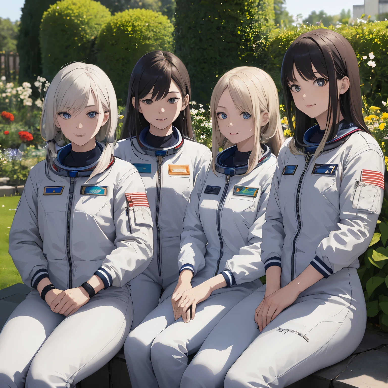3 women,Sit back, wearing astronaut uniforms,30 years old, different hairstyles, Long hair,different hair colors, different hair styles, different eye colors, ultra detail, ultra HD, garden background