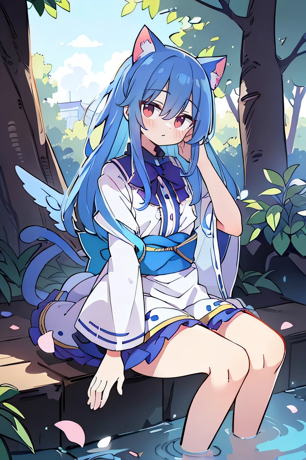 (masterpiece:1.2),ultra-detailed,realistic,expressive eyes,fair-skinned,perfectly shaped face,1girl,
Japanese cartoons,Gorgeous blue hair, flowing blue hair,floating clothes,cat ears,petals falling,beautiful Lola,Hina Angel,
hands on waist,gracefully sitting on the ground,legs crossed,gentle and serene background,cool and comfortable pavilion.