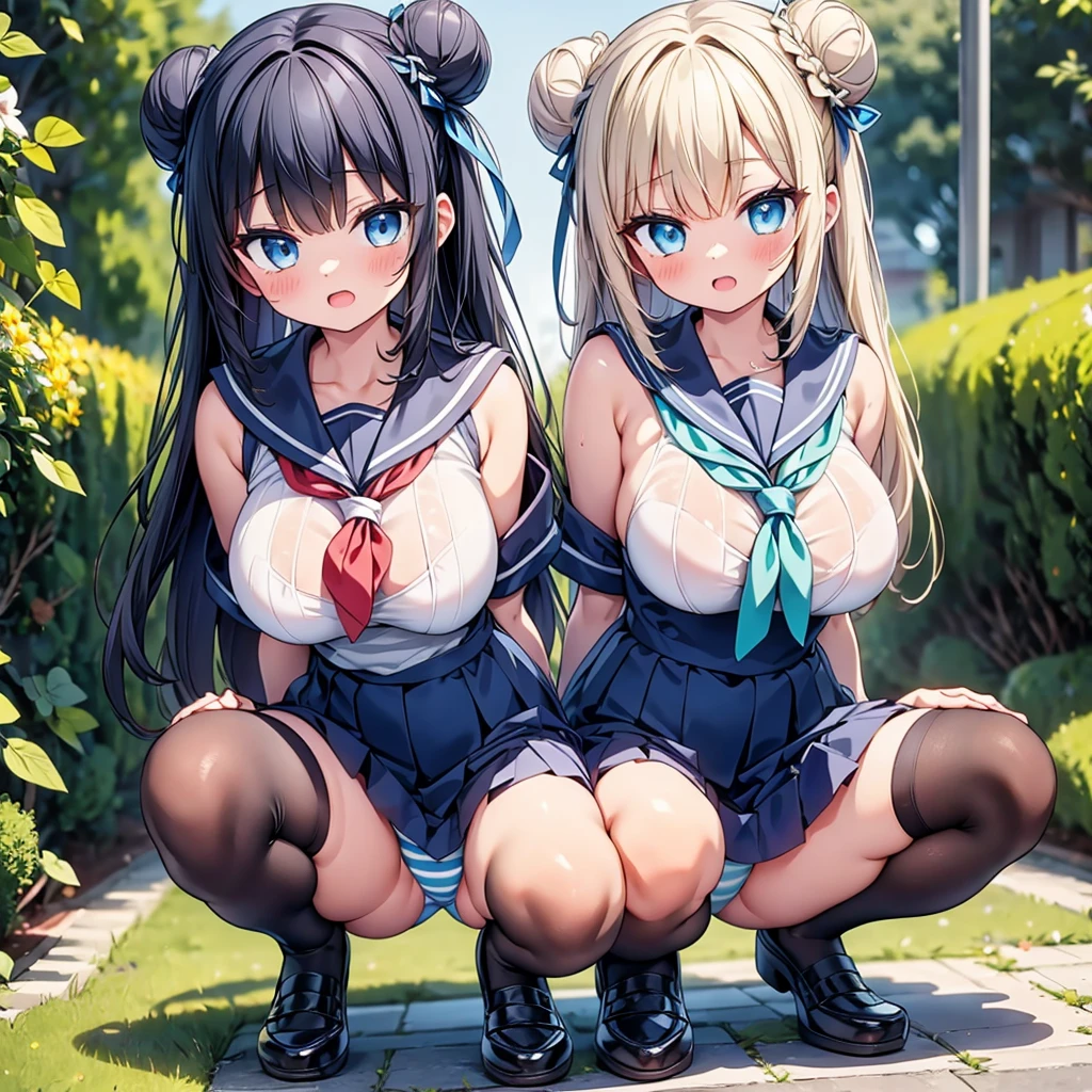 (cute eyes:1.2),highest quality,wonderful,finely,extremely detailed CG Unity 8K wallpaper,(2 Girls,Black Hair, Blue Eyes,double bun), (huge breasts), (squatting,open legs:1.2), (Sailor suit:1.1), (Light blue striped underwear:1.1),(open mouth:1.1),(zettai ryouiki:1.3)
