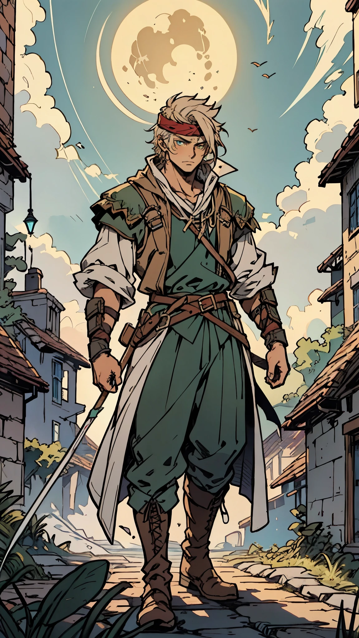 A young man with messy sky-blue short hair, a headband tied around his forehead, handsome face, calm expression, ((a fantasy-style short-sleeved robe coat with a unique half-side design, a green undershirt underneath)), an archer's wrist guard, a cloth belt, coarse cloth trousers, leather boots, overlooking the city from above, this character embodies a finely crafted fantasy-style archer in anime style, exquisite and mature manga art style, high definition, best quality, highres, ultra-detailed, ultra-fine painting, extremely delicate, professional, perfect body proportions, golden ratio, anatomically correct, symmetrical face, extremely detailed eyes and face, high quality eyes, creativity, RAW photo, UHD, 32k, Natural light, cinematic lighting, masterpiece-anatomy-perfect, masterpiece:1.5