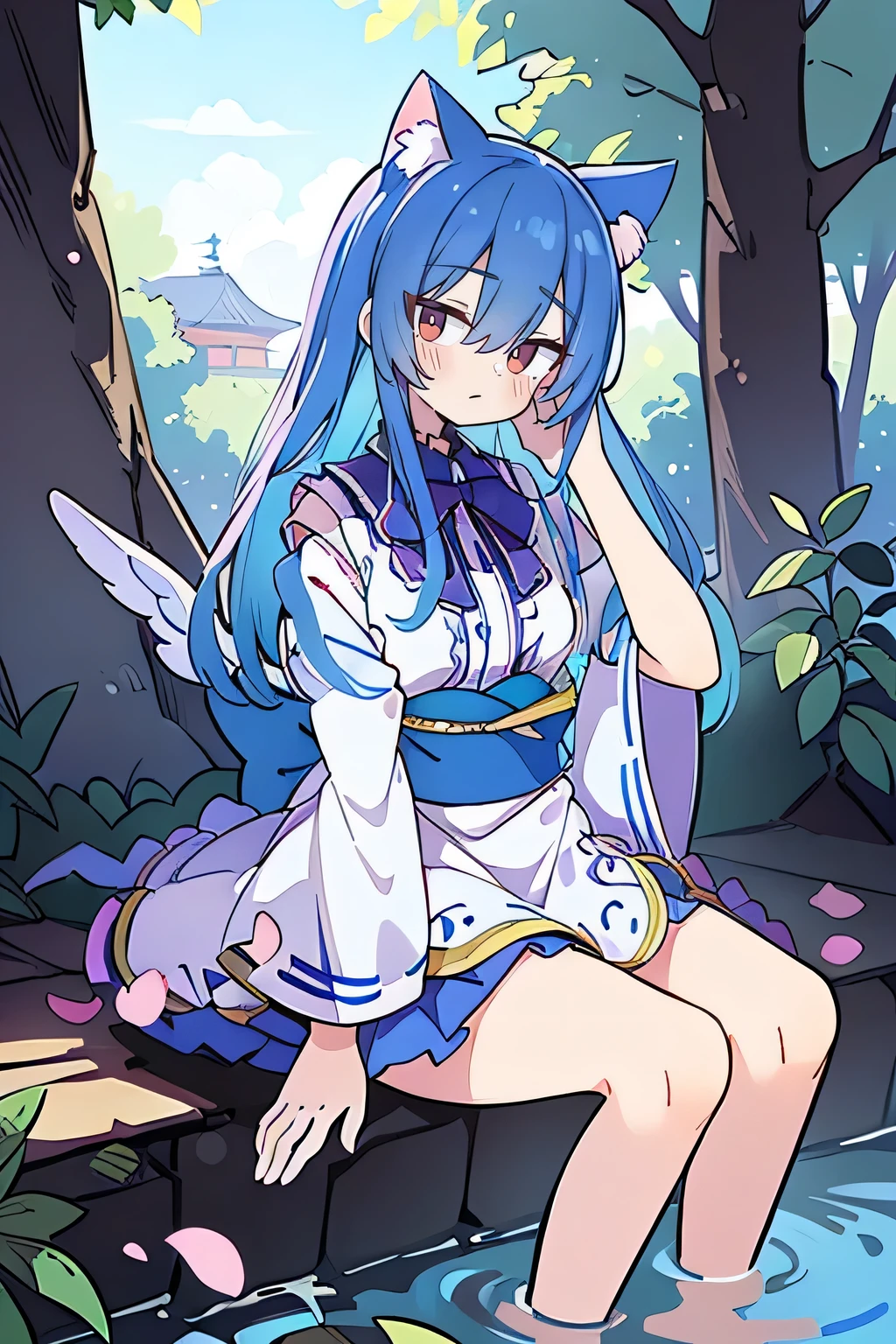 (masterpiece:1.2),ultra-detailed,realistic,expressive eyes,fair-skinned,perfectly shaped face,1girl,
Japanese cartoons,Gorgeous blue hair, flowing blue hair,floating clothes,cat ears,petals falling,beautiful Lola,Hina Angel,
hands on waist,gracefully sitting on the ground,legs crossed,gentle and serene background,cool and comfortable pavilion.