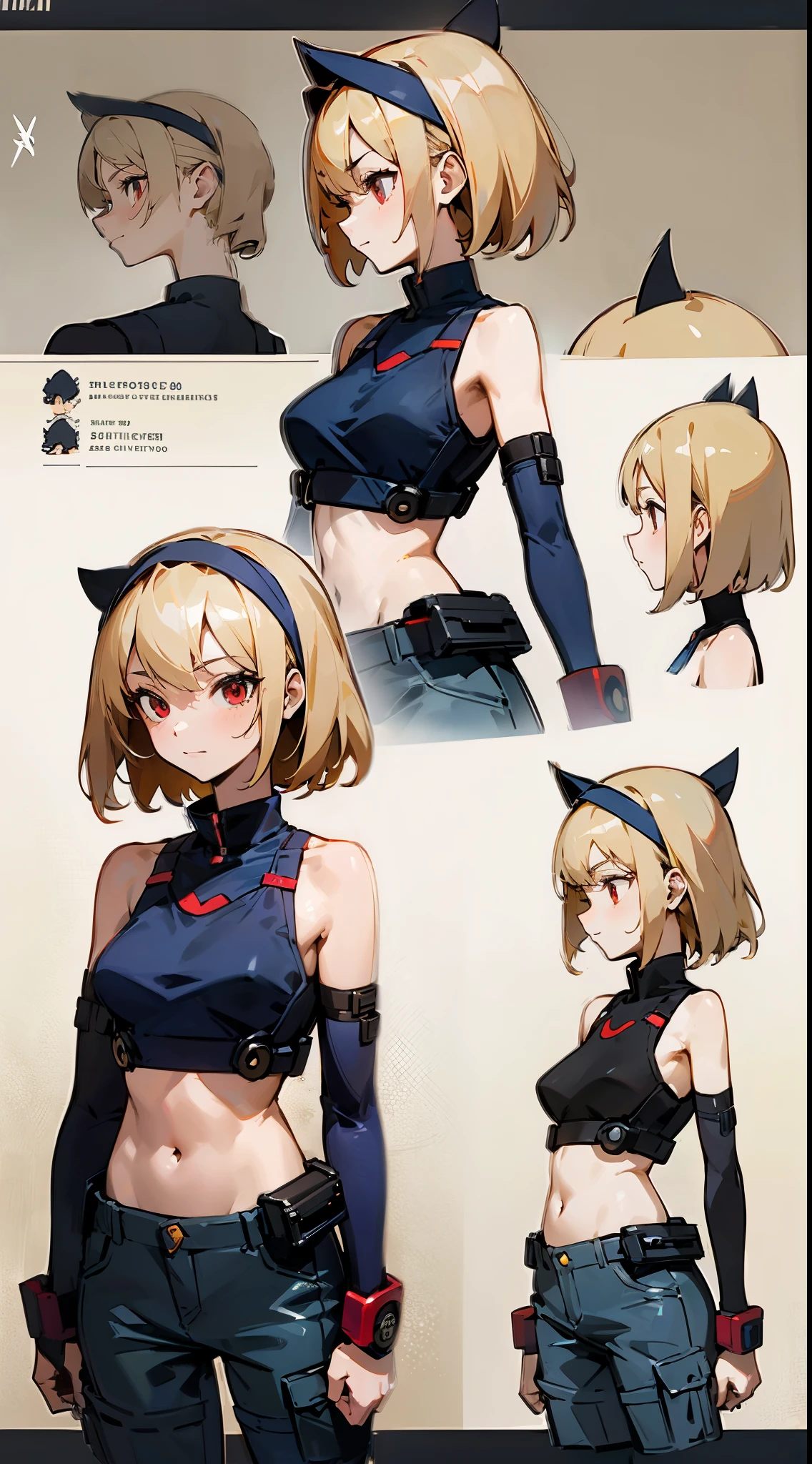 top-quality、Top image quality、​masterpiece、girl with((18year old、Blue navel tank top、Military pants、Best Bust、Bust 90、Blonde loin tail、Red Eyes、open chest wide、Valley、Happiness、A slender、ssmile、Black bandana、Survival knife、Survival Suit)）hiquality、Beautiful Art、Background with((Savage Club))、masutepiece、Elaborate design、visualart, A comprehensive model sheet for a character, including front view and side view, with detailed perspectives and angles