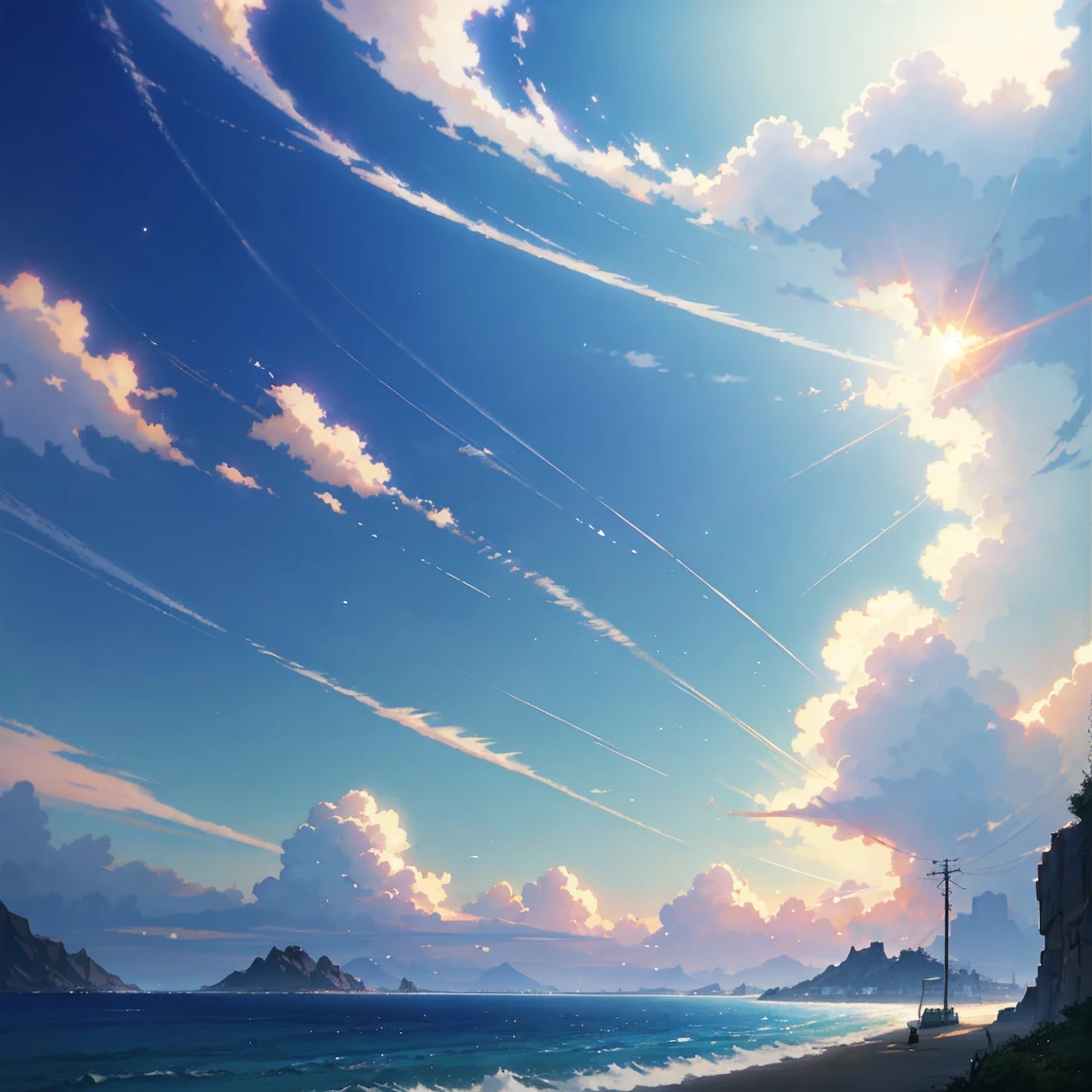 summer, makoto shinkai'Concept Art, tumbler, Magic realism, Beautiful anime scene, Beautiful sky. by makoto shinkai, ( ( makoto shinkai ) ), Anime Background Art, Anime Background, makoto shinkai'style, Anime movie background, Galaxy Express, No humans. --v6