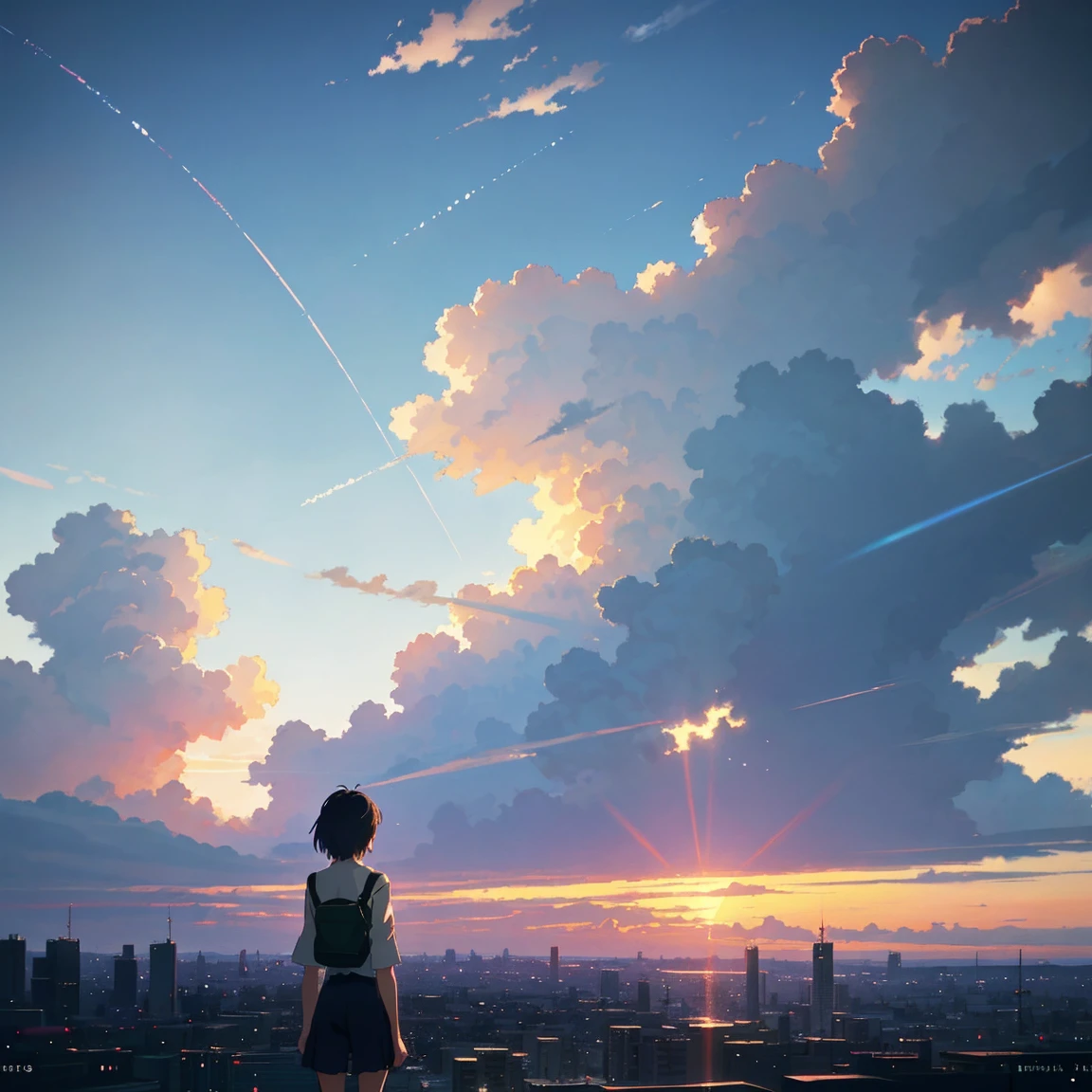 summer, makoto shinkai'Concept Art, tumbler, Magic realism, Beautiful anime scene, Beautiful sky. by makoto shinkai, ( ( makoto shinkai ) ), Anime Background Art, Anime Background, makoto shinkai'style, Anime movie background, Galaxy Express, No humans. --v6