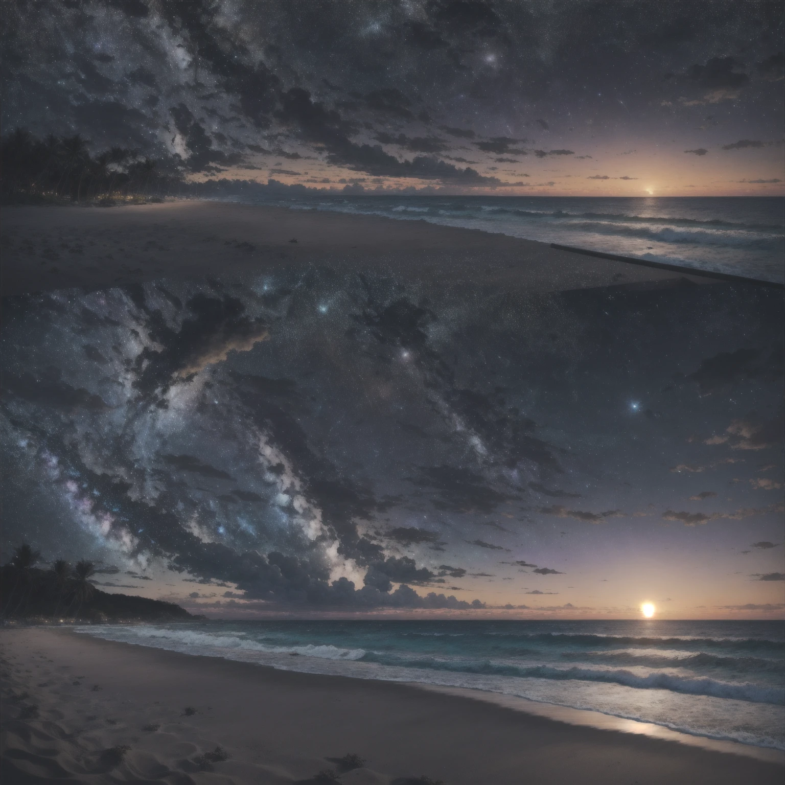 highres, imagination, (realistic), clear skies, composition, sunset, (hdr:1.5), billboards, intricate details.
Beautiful beach in the background, the waning moon appearing in the background in the right corner.
In the sky, stars and some distant galaxy can be seen showing the beauty and bucolicness of the landscape.
Image with strong and contrasting colors.