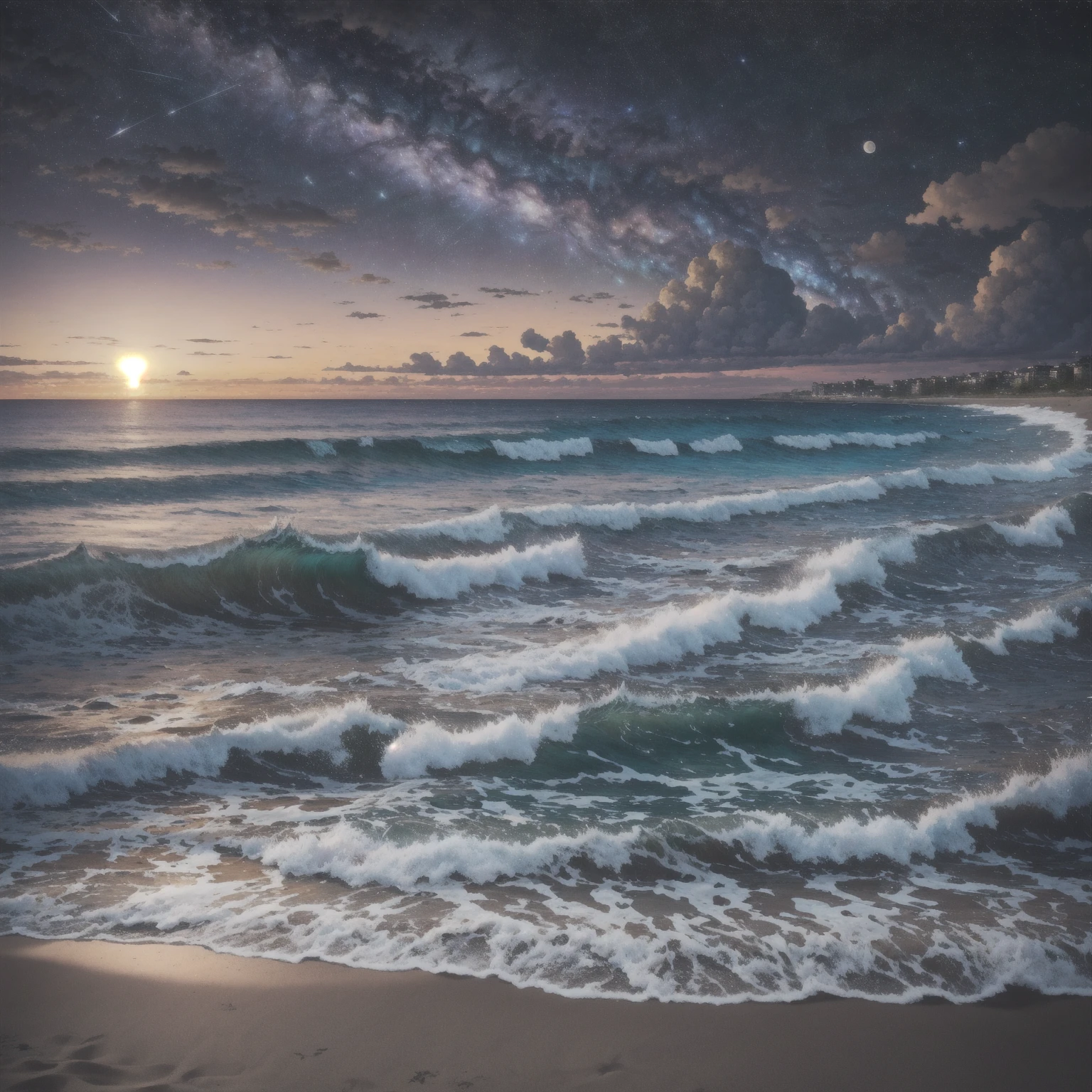 highres, imagination, (realistic), clear skies, composition, sunset, (hdr:1.5), billboards, intricate details.
Beautiful beach in the background, the waning moon appearing in the background in the right corner.
In the sky, stars and some distant galaxy can be seen showing the beauty and bucolicness of the landscape.
Image with strong and contrasting colors.