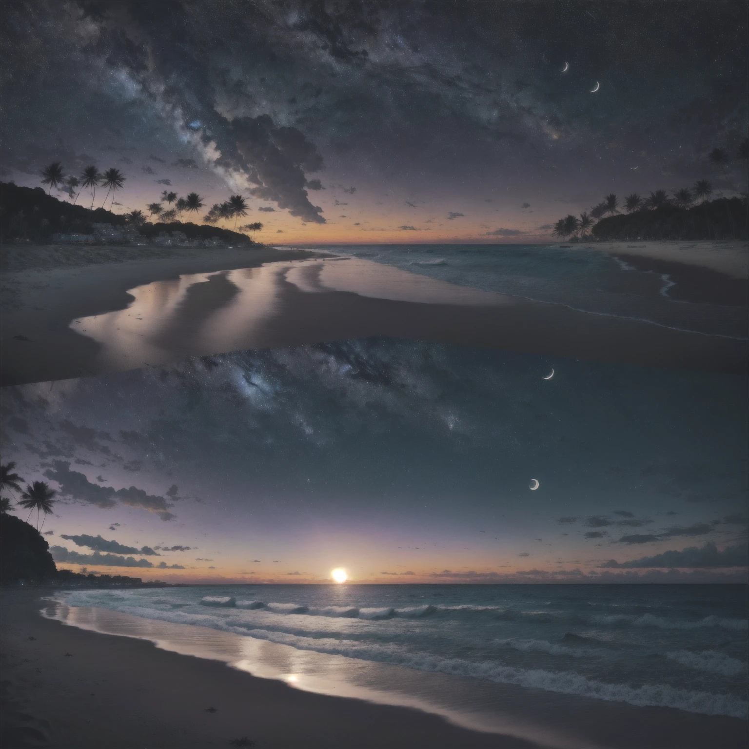 highres, imagination, (realistic), clear skies, composition, sunset, (hdr:1.5), billboards, intricate details.
Beautiful beach in the background, the waning moon appearing in the background in the right corner.
In the sky, stars and some distant galaxy can be seen showing the beauty and bucolicness of the landscape.
Image with strong and contrasting colors.