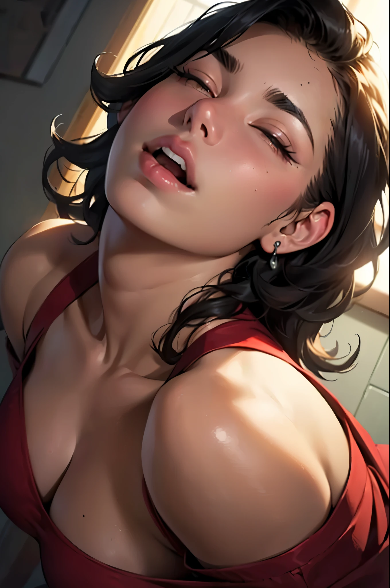 (RAW photo), (Realistic), (photo-realistic), ultra high resolution, masterpiece, highest quality, portrait, facial portrait, perfect lighting, detailed lighting, dramatic shadow, ray tracing, (((sharp focus:1.2))), 1 Japanese beautiful mature lady, 40 years old, Voluptuous, cleavage, plump body type, symmetrical eyes, beautiful detailed brown eyes, chubby lips, red lips, Super high resolution perfect beautiful teeth, big tits:1.2, big ass, big thick thighs, medium wavy hair, black hair, half open mouth, looking at viewer, (half closed eyes:1.2), (((wrinkle your eyebrows))), pretty lips, (((mouth wide open))), tongue out pose, (((looking up))), expression of ecstasy, in bedroom, upper body,