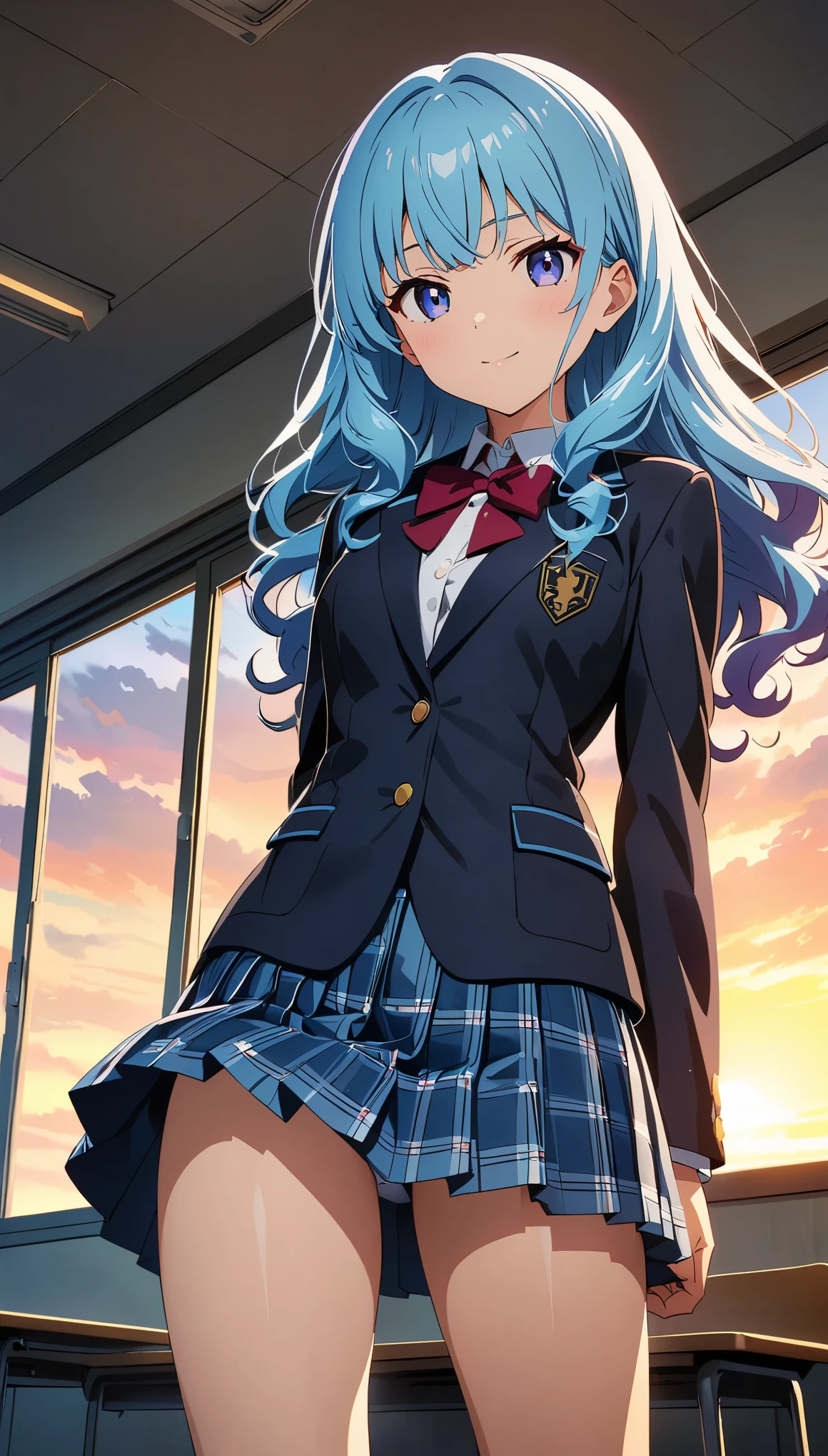 (highest quality:1.2, Anime artwork, Anime Style, Studio Anime, Very detailed, Latest, Vibrant, Anime Coloring, High Contrast, masterpiece:1.2, highest quality, Best aesthetics), Blue plaid pleated skirt:1.5, Red tie:1.5, Black blazer, (Private School Uniforms), Beautiful thighs, Blue Hair, Medium Wavy Hair, Perfect body line, Skin with attention to detail, cute, Detailed face, Random Pause, School classroom, Accurate Fingers, evening, Illuminated by the setting sun, Soft lighting,