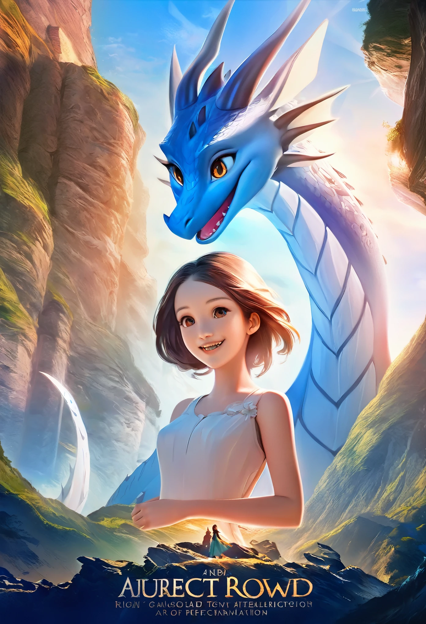 movie poster, highres, top quality, best quality, paid reward available, unparalleled masterpiece, perfect artwork, absurdres, High-quality illustrations, super high resolution, detailed background, perfect anatomy(1girl, large gragon)(animation, movie of a Dragon and human girl)blue sky, smile, smile, happy, joyful, cinematic lighting, title logo,
