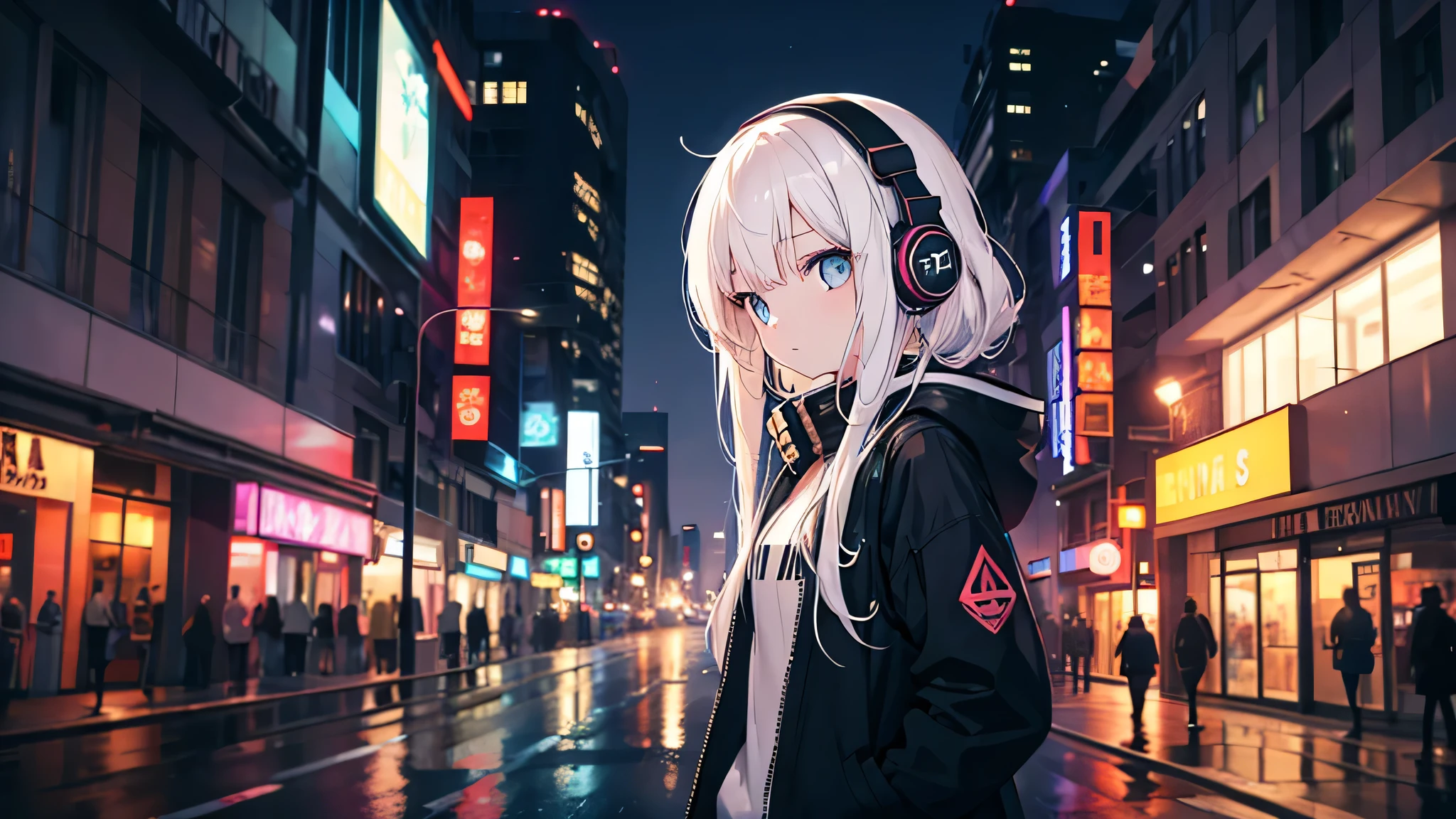 A girl wearing headphones is walking in the city at night, looking at the camera, her hair color is whiter than green