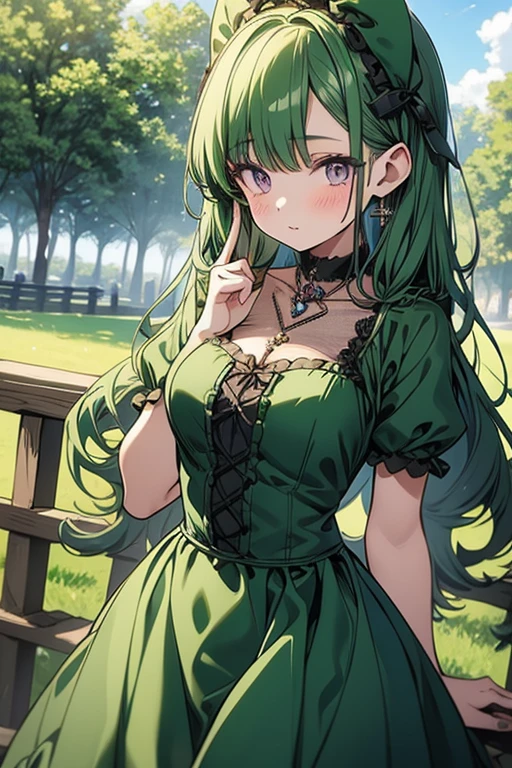 A green haired girl with purple eyes and an hourglass figure in a green ta dress is blushing in the park while tucking a piece of hair behind her ears