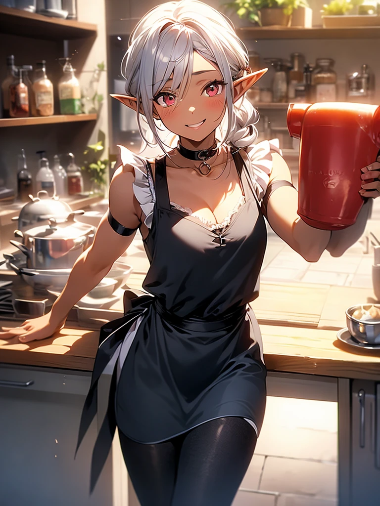 An elf woman, very dark tanned skin, beautiful silver hair, pointed ears, beautiful red eyes, thick pink lips, hair tied up with a hair tie, wearing an apron, living room, kitchen, under-rimmed glasses , upper body description, friendly smile, open lips, close-up,