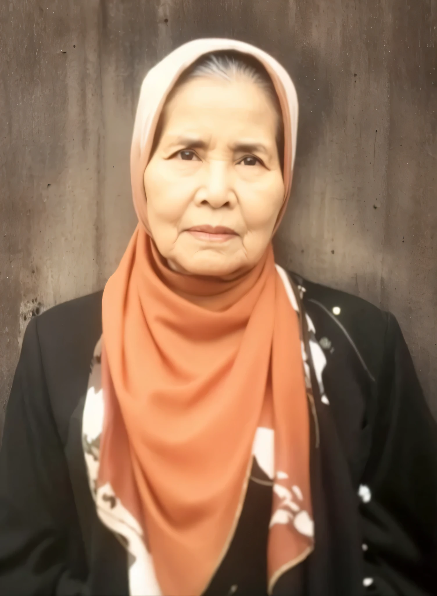 Potrait a grand mother with black hijab and black dress clothes, backgraund dark
