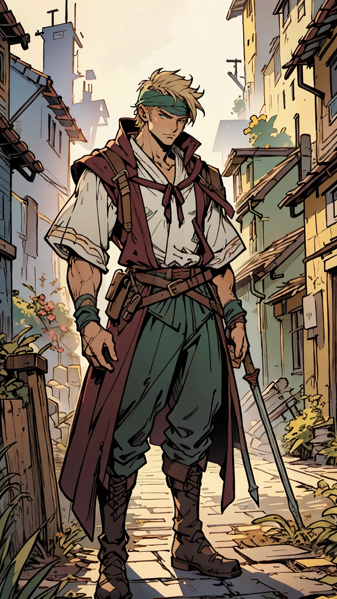 A young man with messy sky-blue short hair, a headband tied around his forehead, handsome face, calm expression, ((a fantasy-style short-sleeved robe coat with a unique half-side design, a green undershirt underneath)), an archer's wrist guard, a cloth belt, coarse cloth trousers, leather boots, overlooking the city from above, this character embodies a finely crafted fantasy-style archer in anime style, exquisite and mature manga art style, high definition, best quality, highres, ultra-detailed, ultra-fine painting, extremely delicate, professional, perfect body proportions, golden ratio, anatomically correct, symmetrical face, extremely detailed eyes and face, high quality eyes, creativity, RAW photo, UHD, 32k, Natural light, cinematic lighting, masterpiece-anatomy-perfect, masterpiece:1.5