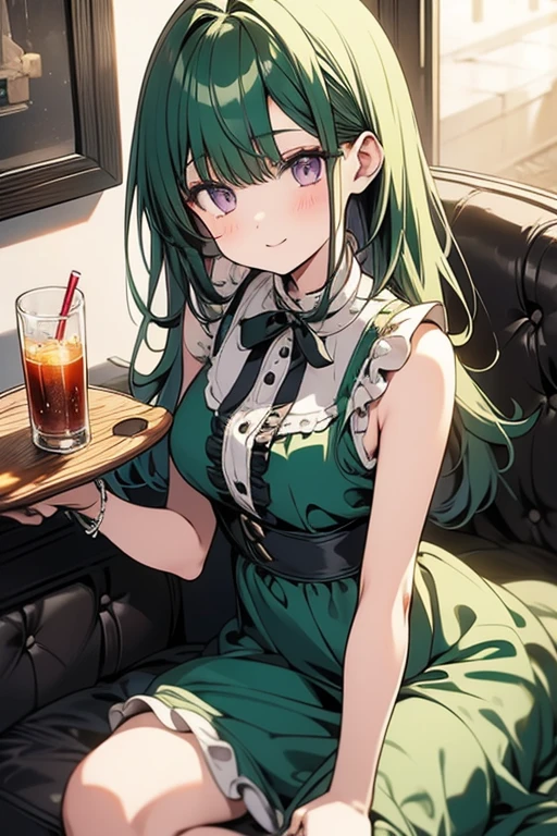 A green haired girl with purple eyes and an hourglass figure in a green ta dress is drinking soda in a cute restaurant