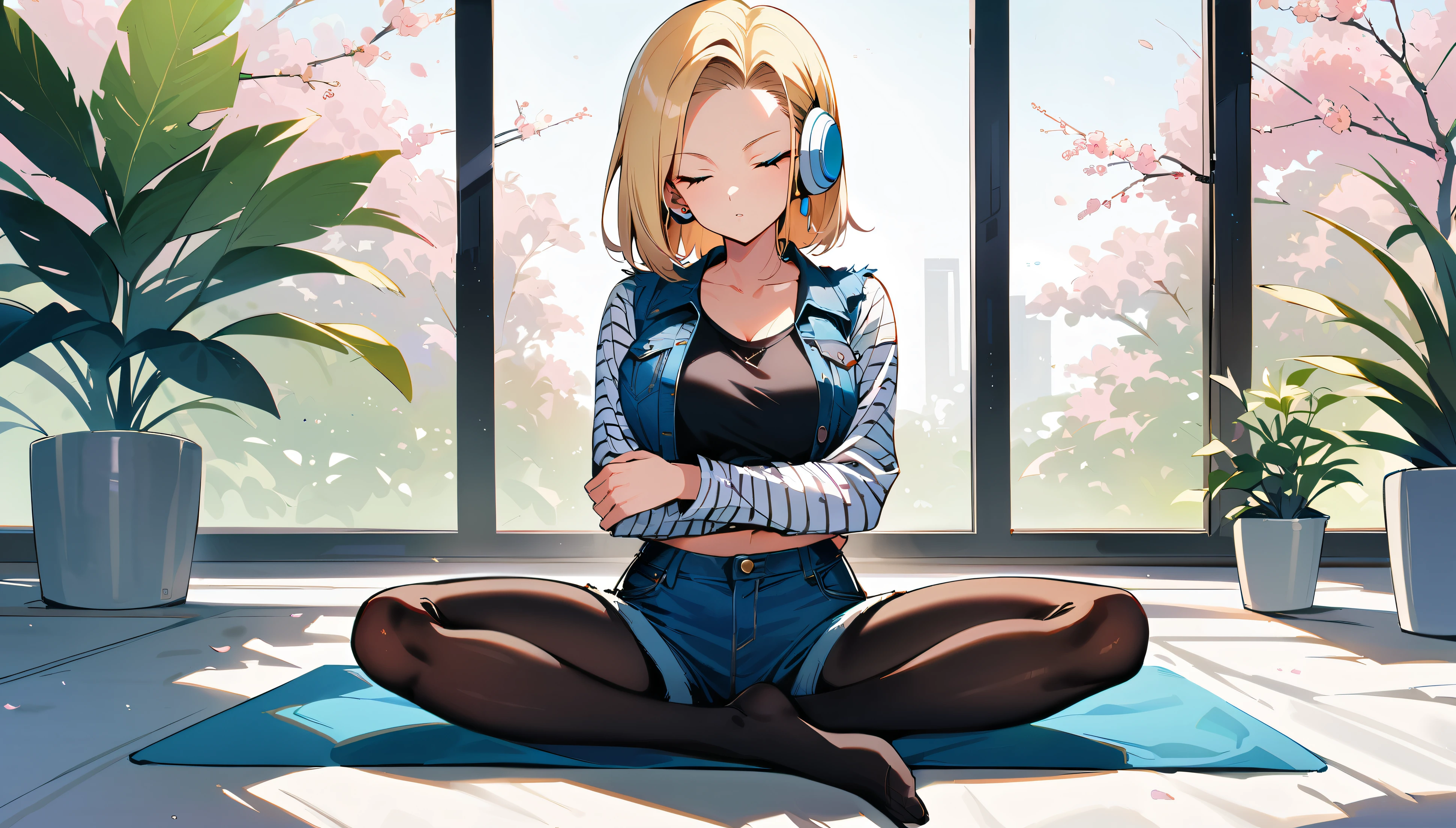 (masterpiece, best quality:1.2), full body shot , 1girl, solo, Android 18 from Dragon Ball, slender feminine figure with slim toned legs, a narrow waistline accentuating her curves, white headphones, short blonde hair, blue eyes, earrings, jewelry, denim vest, black pantyhose, black fitted and cropped camisole hugging her waist, denim shorts, striped long sleeves, seated on a yoga mat, in the padmasana (lotus position) with legs crossed and feet placed on opposite thighs, straight upright posture, hands resting on knees in a mudra hand position, eyes closed in meditation, face serene and relaxed, white potted plant in the background, an additional small white potted plant in the foreground, chic and pristine futuristic white room with sleek lines and minimalist decor, no clutter, large window with cherry blossoms blooming outside visible behind her, 4K
