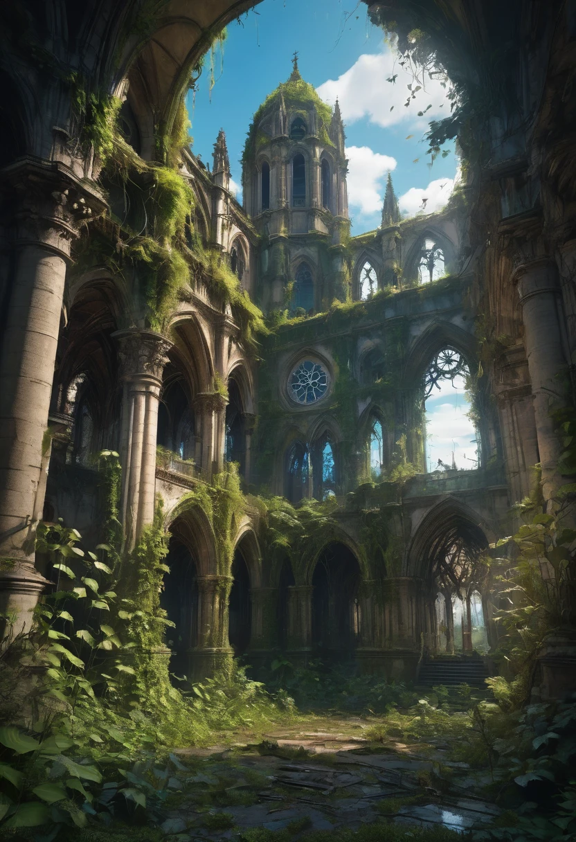 1girl, Post-Apocalyptic Wasteland, Overgrown Cathedrale Notre-Dame-de-Paris covered in vines and moss Ruins in Luxuriant Jungle, post-apocalyptic epic realistic detailed matte painting, deep color, fantastical, intricate detail, splash screen, complementary colors, fantasy concept art, 8k resolution trending on Artstation Unreal Engine 5
