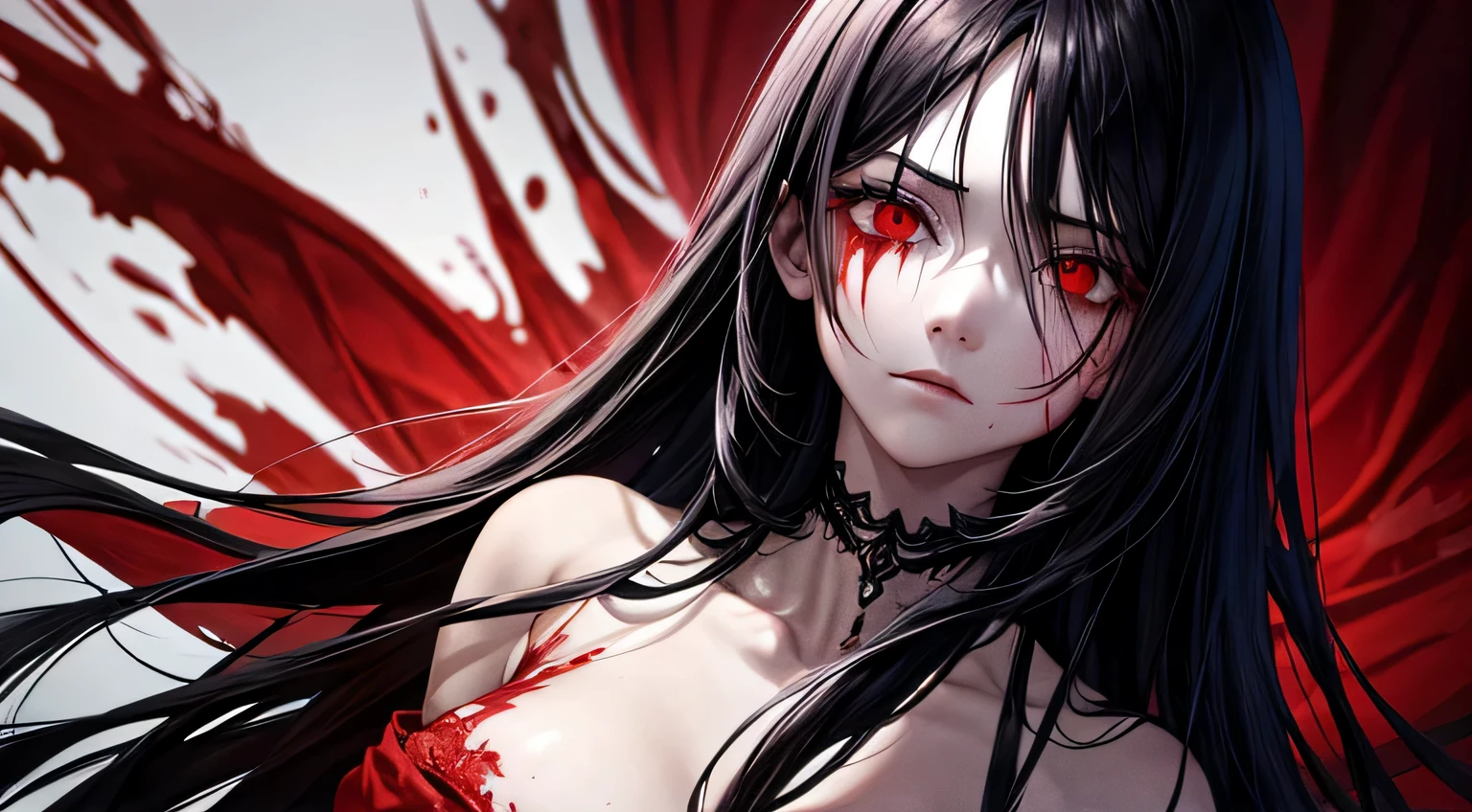 Woman with blood all over her body
Black hair
Long hair
Red eyes
Bloody clothes
Hollow eyes
Bloody knife in hand
Ruins
Detailed facial expressions
Detailed description of clothing
Detailed description of knife
Detailed description of the room
horror