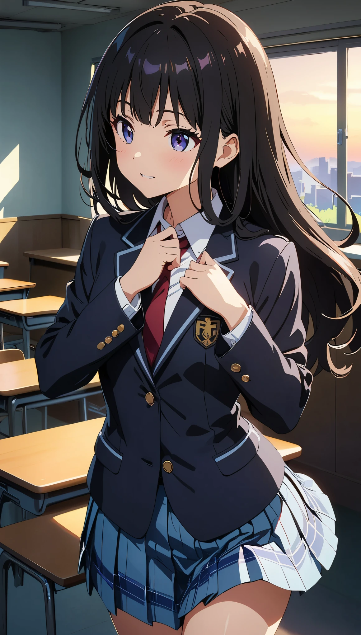 (highest quality:1.2, Anime artwork, Anime Style, Studio Anime, Very detailed, Latest, Vibrant, Anime Coloring, High Contrast, masterpiece:1.2, highest quality, Best aesthetics), Blue plaid pleated skirt:1.5, Red tie:1.5, Black blazer, (Private School Uniforms), Beautiful thighs, Black Hair, Long Straight Hair, Perfect body line, Skin with attention to detail, cute, Detailed face, Random Pause, School classroom, Accurate Fingers, evening, Illuminated by the setting sun, Soft lighting,
