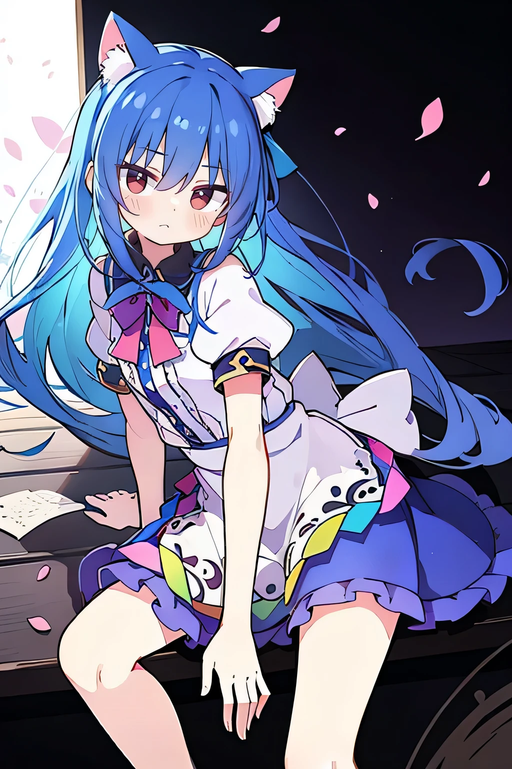 (masterpiece:1.2),ultra-detailed,realistic,expressive eyes,fair-skinned,perfectly shaped face,1girl,
Japanese cartoons,Gorgeous blue hair, flowing blue hair,floating clothes,cat ears,petals falling,beautiful Lola,Hina Angel,
hands on waist,gracefully sitting on the ground,legs crossed,gentle and serene background,cool and comfortable pavilion.
