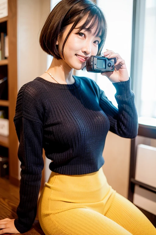 Taiwanese Beauty,Fair skin,Bob Hair,bangs,Embarrassed look,smile,Wear a yellow ribbed knit sweater,Accentuated body lines,Create a stunning visual experience,Side view of the front camera,Put on your boots,Shooting in a bright place, Soft natural light with Canon EOS 5D Mark IV