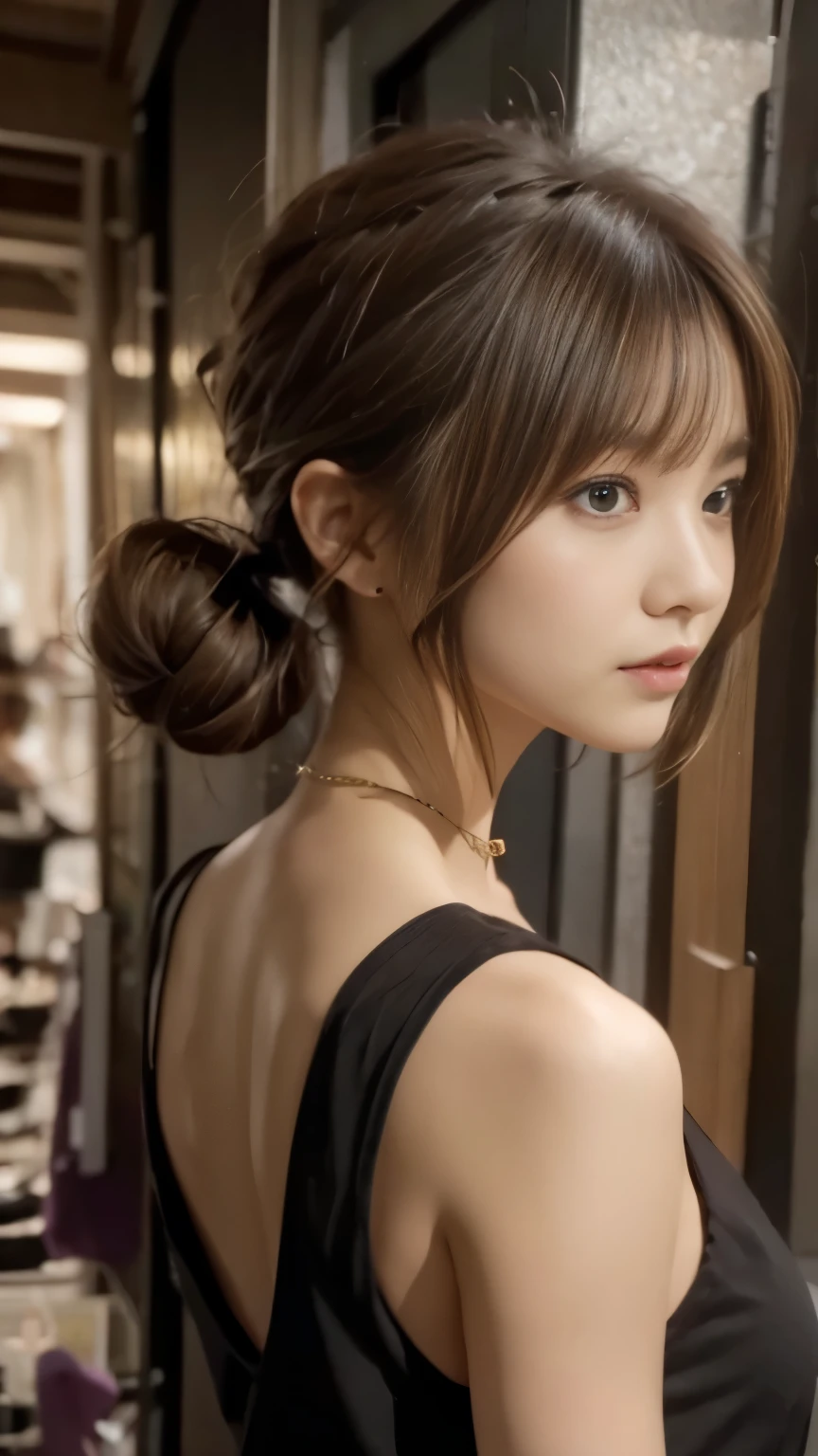 Bun Hair:1.3, Balanced style:1.25, Dark Brown Hair:1.2, Medium Bob