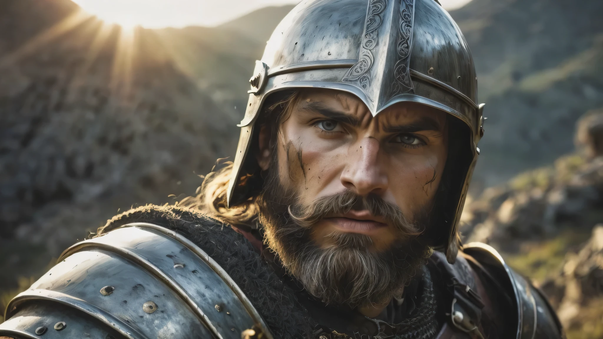medieval warrior, detailed face, realistic armor and sword, strong facial expressions, intense eyes, rugged beard, weathered skin, determined look, battle scars, heroic stance, backlit by the sun, dramatic lighting, rich dark colors, epic battle scene, high-resolution details, masterful brushstrokes, fierce and fearless, chiseled features, iconic helmet, medieval landscape, mystical atmosphere.