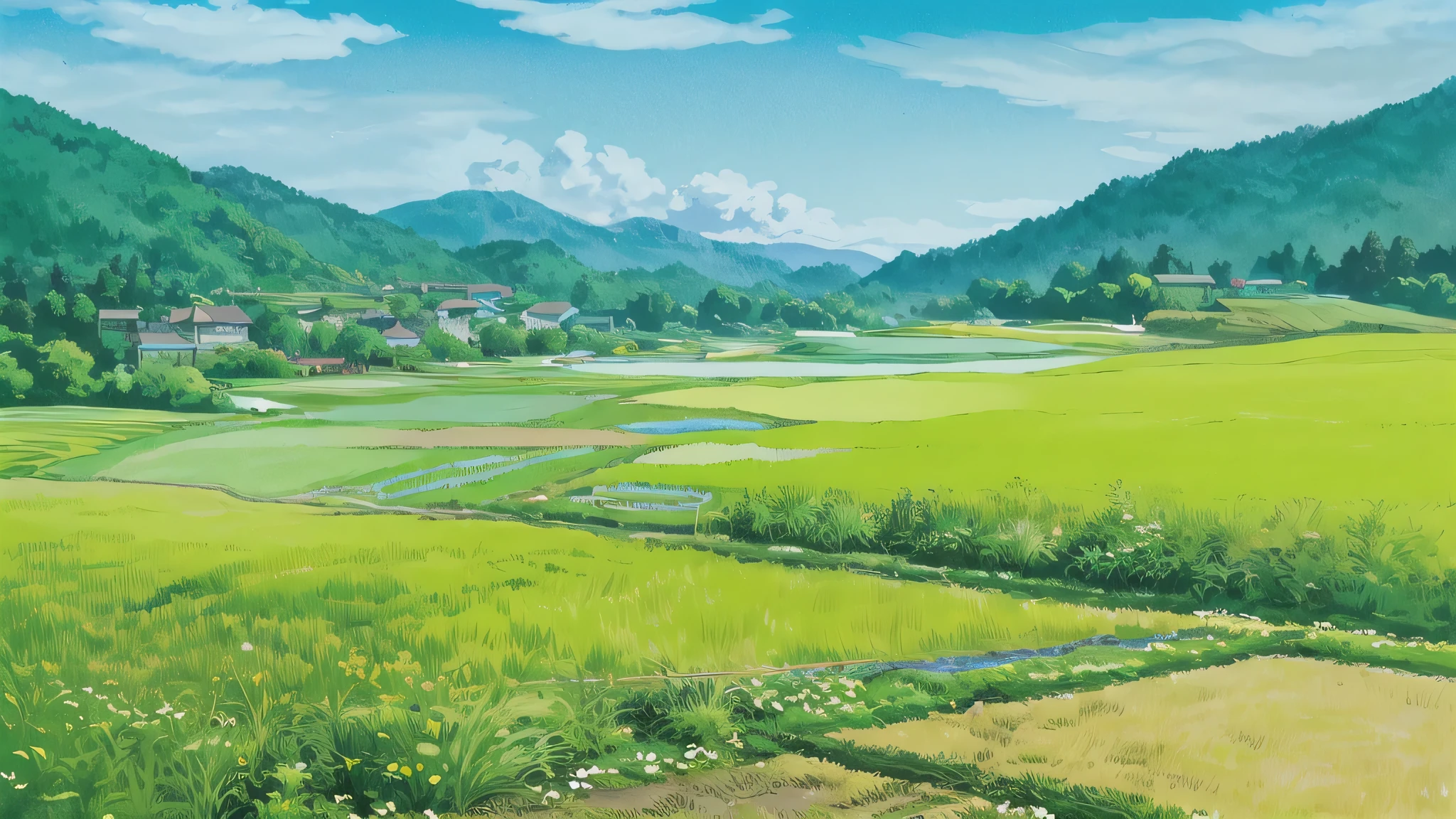 (((highest quality))), High saturation, clear, reasonable structure, Manga style, architecture, bridge, construction, city, chimney, cloud, cloudy_null, Day, Fantasy, door, Grass, Home, Mountain, no_human, outdoor, river, landscape, null, Day, wood, window, Genuine, beautiful and amazing landscape oil painting Ghibli Studio Miyazaki's Wheat field with blue null and white clouds, Wheat field, Wheat --v6