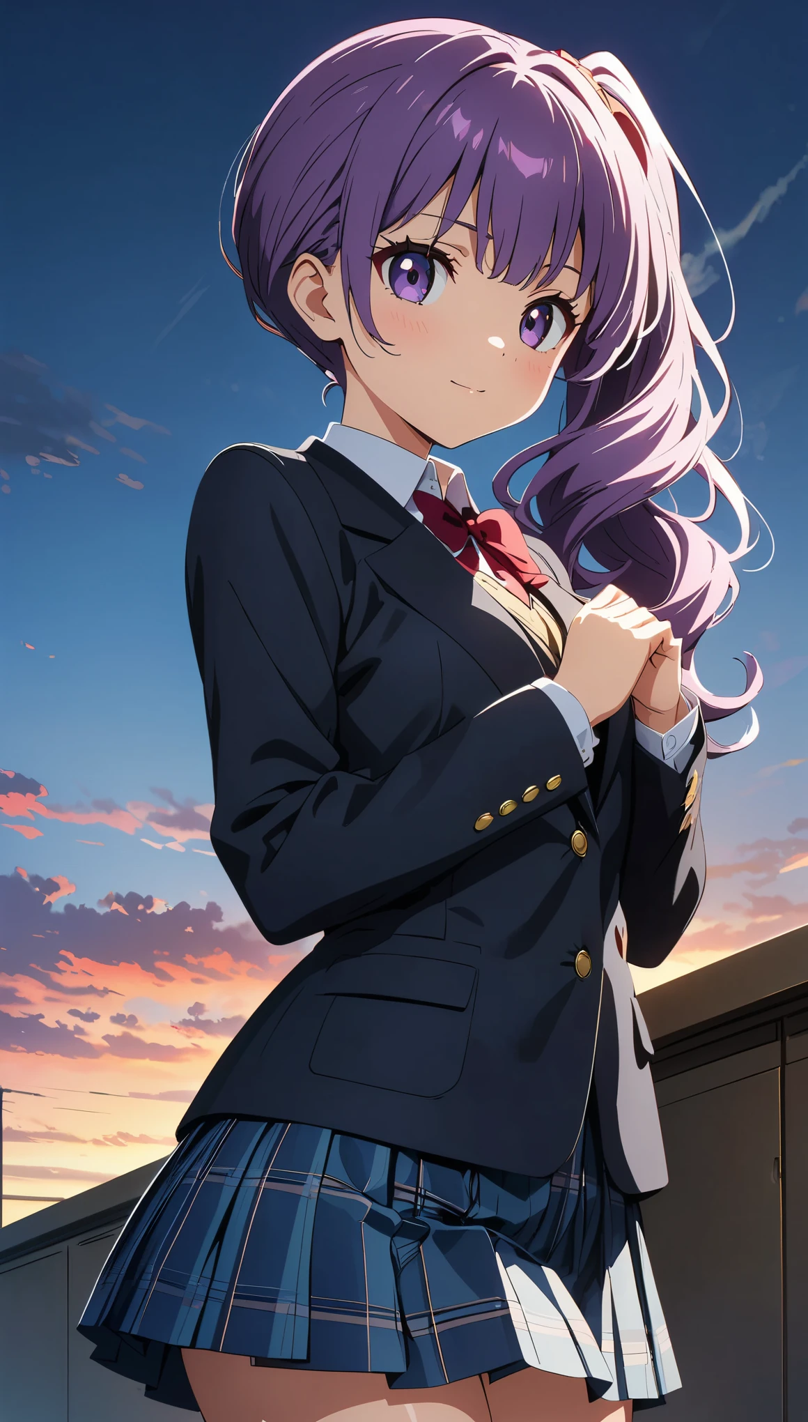 (highest quality:1.2, Anime artwork, Anime Style, Studio Anime, Very detailed, Latest, Vibrant, Anime Coloring, High Contrast, masterpiece:1.2, highest quality, Best aesthetics), Blue plaid pleated skirt:1.5, Red tie:1.5, Black blazer, (Private School Uniforms), Beautiful thighs, Purple Hair, Side Ponytail, Perfect body line, Skin with attention to detail, cute, Detailed face, Random Pause, School classroom, Accurate Fingers, evening, Illuminated by the setting sun, Soft lighting,