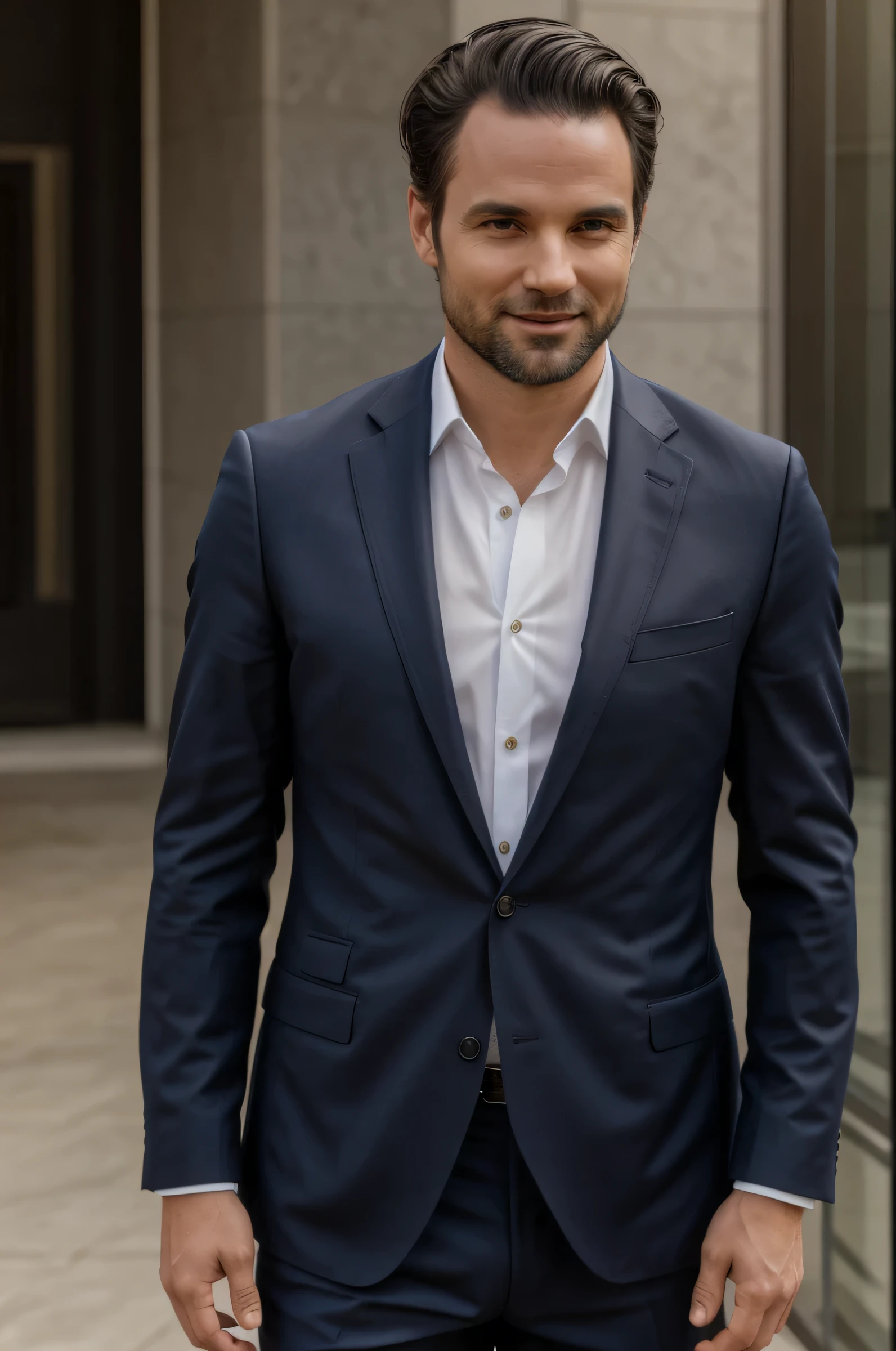 (Professional man in blazer clothes ), (Pas de barbe,) (yeux bleus) (portrait) Beautiful and smile appearance, black hair, Elegant and elegant, and strong body very formal white shirt, (Realistic and high-quality image), ((Best quality, 8k, master piece).