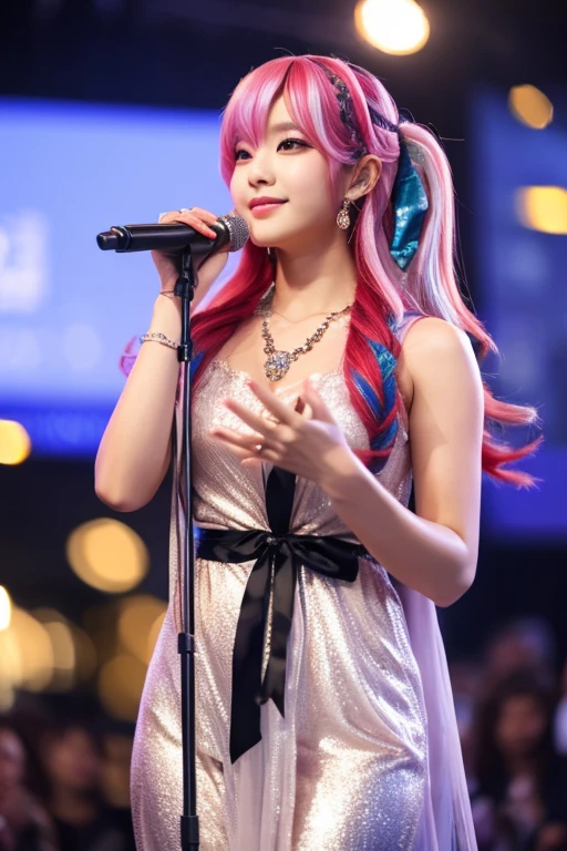 One girl, length_hair, bright_hair_color, Fascinating_eye, Mysterious_Performance, mature_exterior, glamorous_Costume, Flowing_dress, elegant_jewelry, Complex_Decoration, magic_symbol, Shine_accessories, Portion, Scroll, cute_accent, bow, ribbon, Flowers, 1girl, It's like a Korean idol.a semi-long silver hair. pajamas
