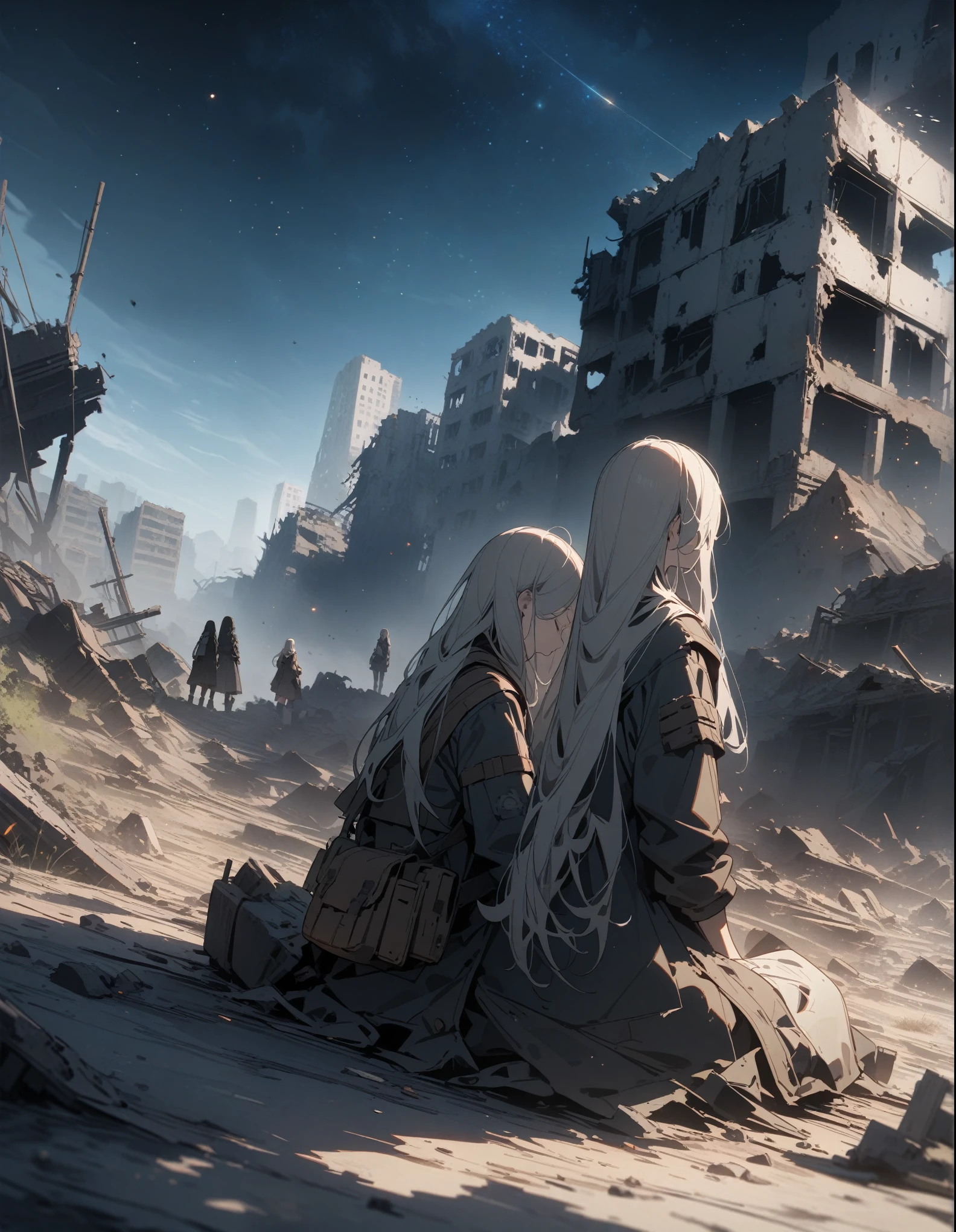 Post-apocalyptic wasteland,3 girls,Starry Sky,ruins,Highest quality,masterpiece,8k,Long hair,Fell,Close eyes